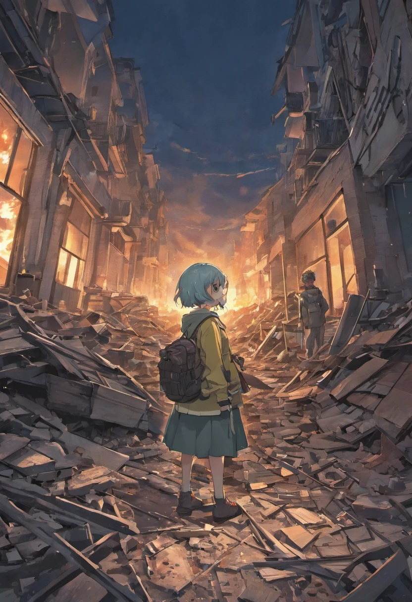 A war has taken place in the destroyed city, ruin homes and a birds eye view. News papers littered around the floor mixed with rubble in the town centre in the background a nuker boom gose off, you are looking at it all from a birds eye view not to far up the ground you see building still on fire anime still (no people)(gray sky)(old broken builds)