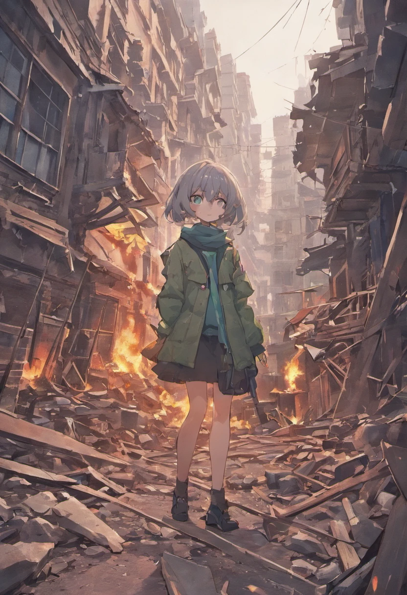 A war has taken place in the destroyed city, ruin homes and a birds eye view. News papers littered around the floor mixed with rubble in the town centre in the background a nuker boom gose off, you are looking at it all from a birds eye view not to far up the ground you see building still on fire anime still (no people)(gray sky)(old broken builds)