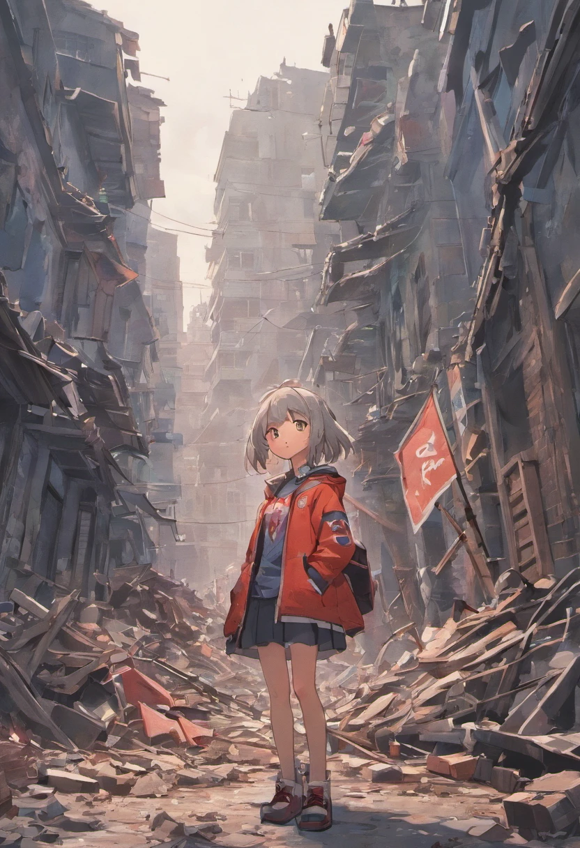 A war has taken place in the destroyed city, ruin homes and a birds eye view. News papers littered around the floor mixed with rubble in the town centre in the background a nuker boom gose off, you are looking at it all from a birds eye view not to far up the ground you see building still on fire anime still (no people)(gray sky)(old broken builds)