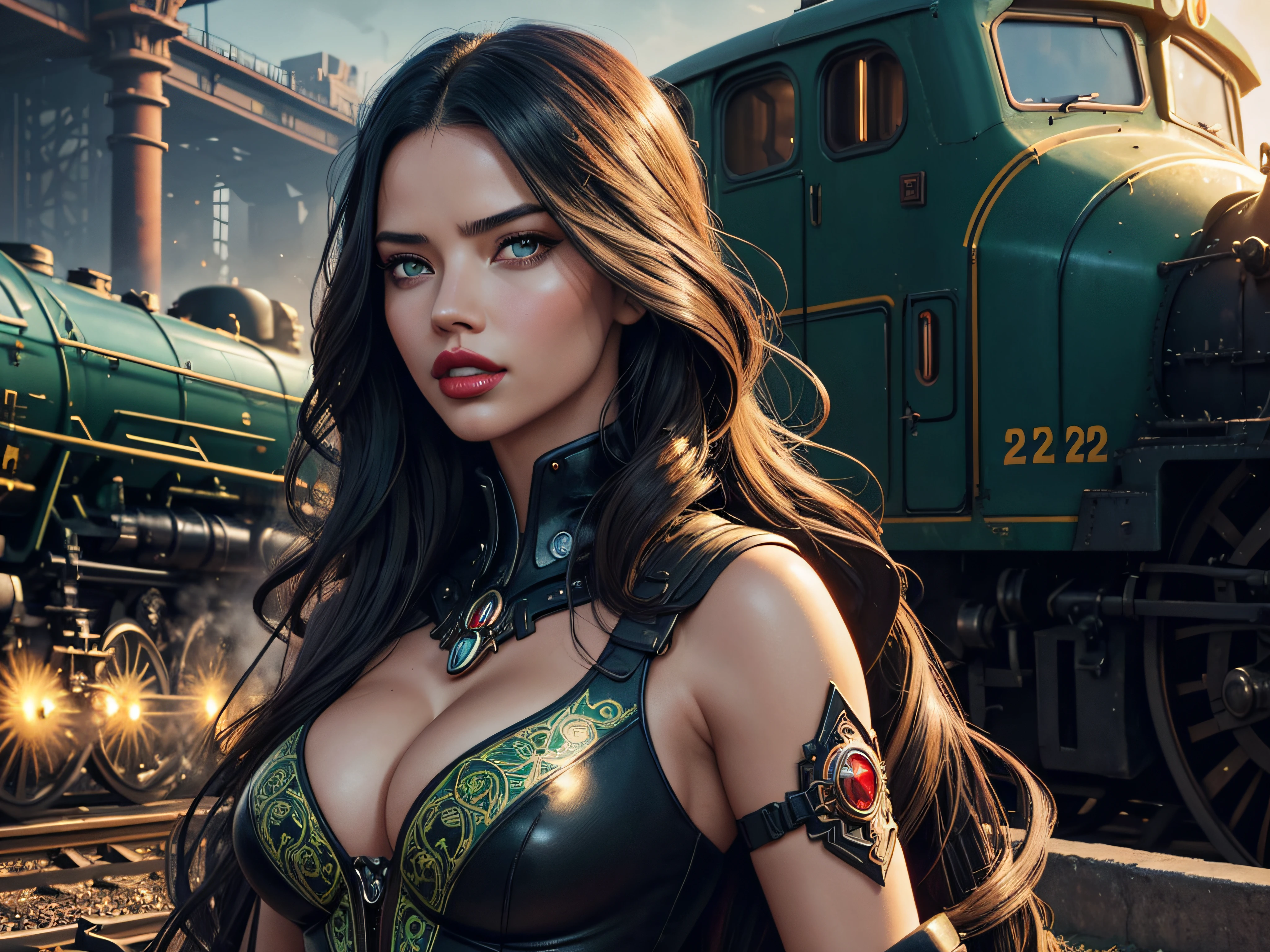 a close up of a woman (Adriana Lima :1.1) red lips, green eyes, with a train in the background, 4k highly detailed digital art, 4k detailed digital art, beautiful art uhd 4 k, art nouveau! cyberpunk! , cyberpunk art nouveau, 8k stunning artwork, stylized urban fantasy artwork, digital art fantasy art, art nouveau cyberpunk! style, exquisite digital illustration, stunning digital illustration