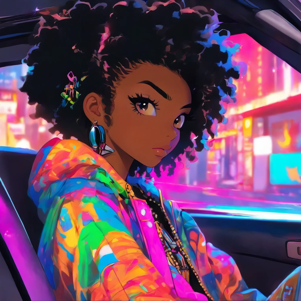 The prettiest girl in a car with her head out the window, cintura fina, garota punk rock, afro preto, Crop Top sob jaqueta Cabello cor Arco Iris, Listen to music in a moving car, amarelos, pele escura, usando um capuz, Graphic design jacket and ripped skinny jeans, Obra-prima perfeita, alta qualidade, high resolution,