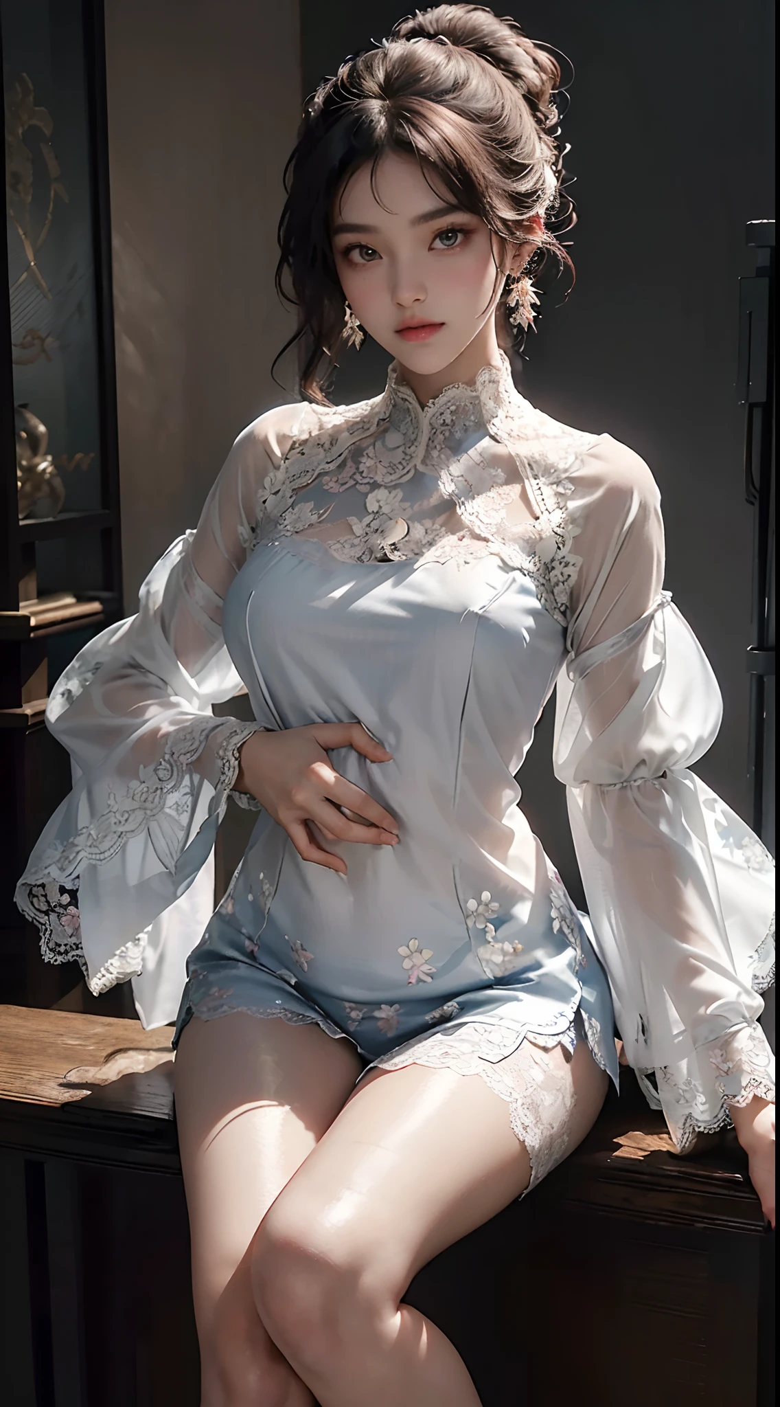 (wearing Shirt blouse women's tops elegant sheer floral lace chiffon blouse high neck long sleeve voluminous sleeves plus size:1.3), head and full body, Extremely cute human eighteen year old girl, bare legs, very beautiful and feminine, short, petite, beautiful breast, small, busty buttocks, large bust, large breast, bare legs, bare legs, cleavage display, flat belly display, detailed eyes, detailed nose, super detailed on face, partial accessory with earring on the ear, very stylish, award-winning product design, tights, bare legs, Shiny breast top opens at the cleavage and abdomen, stylish, glowing trims, atmospheric perspective, 8k, super detail, Accurate, best quality,