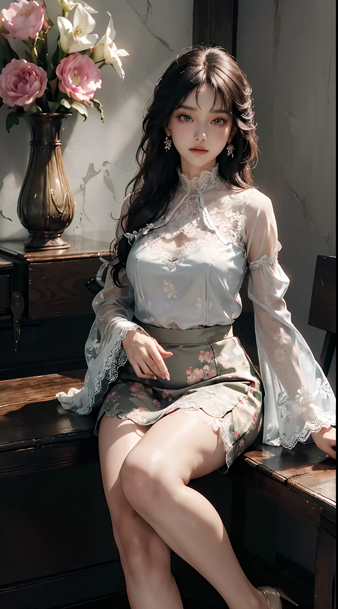 (wearing Shirt blouse women's tops elegant sheer floral lace chiffon blouse high neck long sleeve voluminous sleeves plus size:1.3), head and full body, Extremely cute human eighteen girl, bare legs, very beautiful and feminine, short, petite, beautiful breast, small, busty buttocks, large bust, large breast, bare legs, bare legs, cleavage display, flat belly display, detailed eyes, detailed nose, super detailed on face, partial accessory with earring on the ear, very stylish, award-winning product design, tights, bare legs, Shiny breast top opens at the cleavage and abdomen, stylish, glowing trims, atmospheric perspective, 8k, super detail, Accurate, best quality,