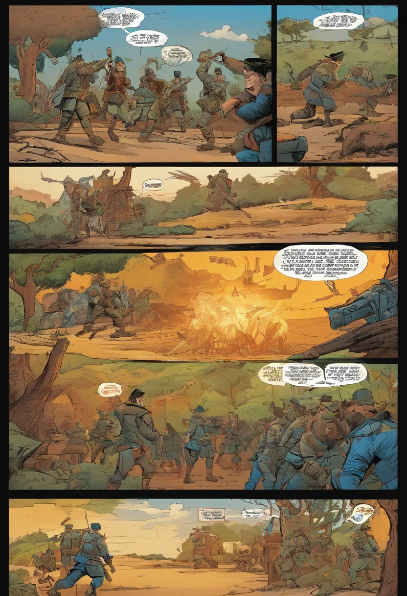 Quadrinhos americanos, The comic is presented in several irregular panels with colors. The big bad wolf fights an army of infantry and emerges victorious to save his beloved woman