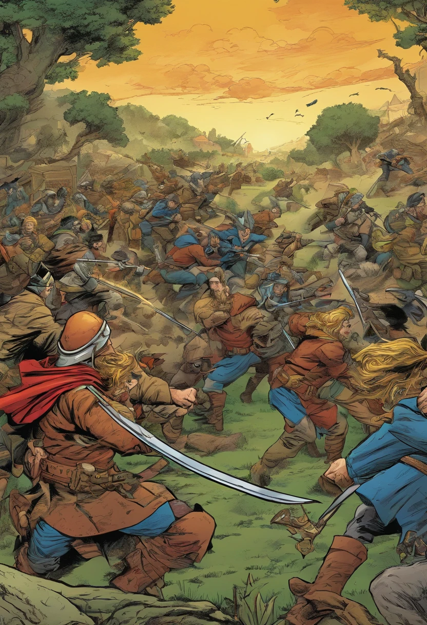 Quadrinhos americanos, The comic is presented in several irregular panels with colors. The big bad wolf fights an army of infantry and emerges victorious to save his beloved woman