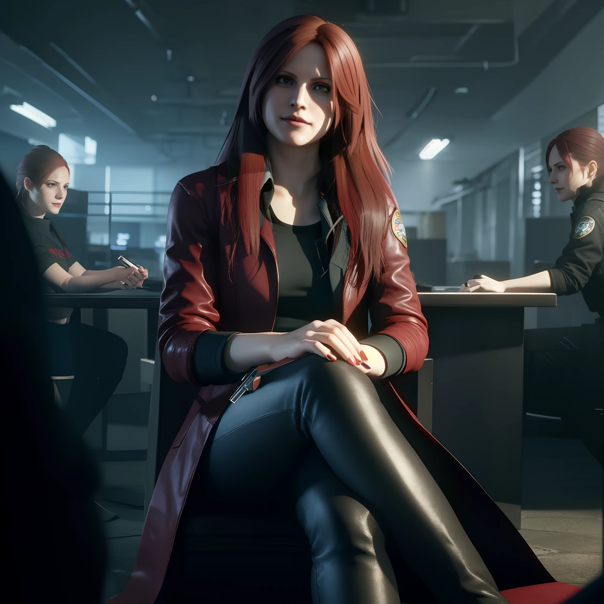 beautiful face, shy, looking at viewer, very long red hair, perfect Face, Claire Redfield from resident evil, black jeans, red long coat with black t-shirt, friendly face, red nail polish, little smile, holding a gun