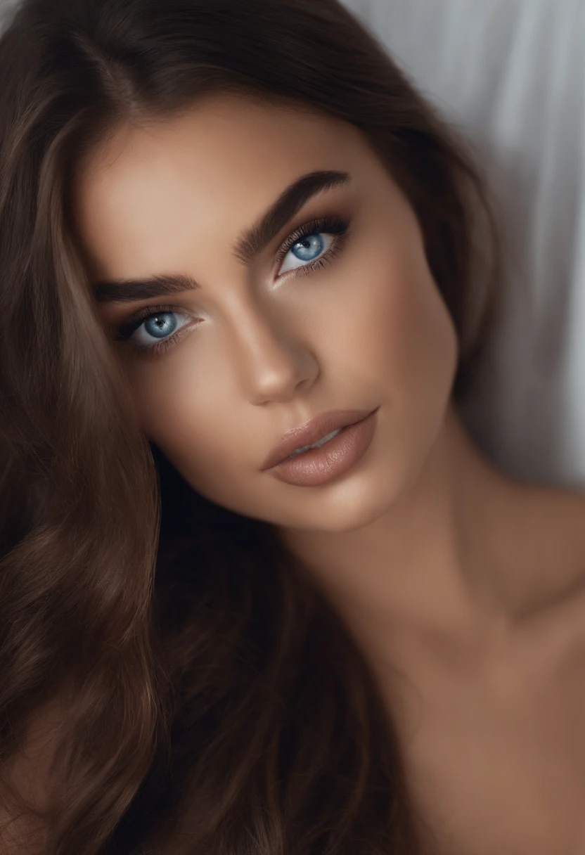 arafed woman fully , with blue eyes, ultra realistic, meticulously detailed, dark hair, perfect large eyes, selfie of a young woman, bedroom eyes, violet myers, light makeup, soft natural makeup, looking directly at the camera, face with artgram, subtle makeup, big perfect breast, large size bust