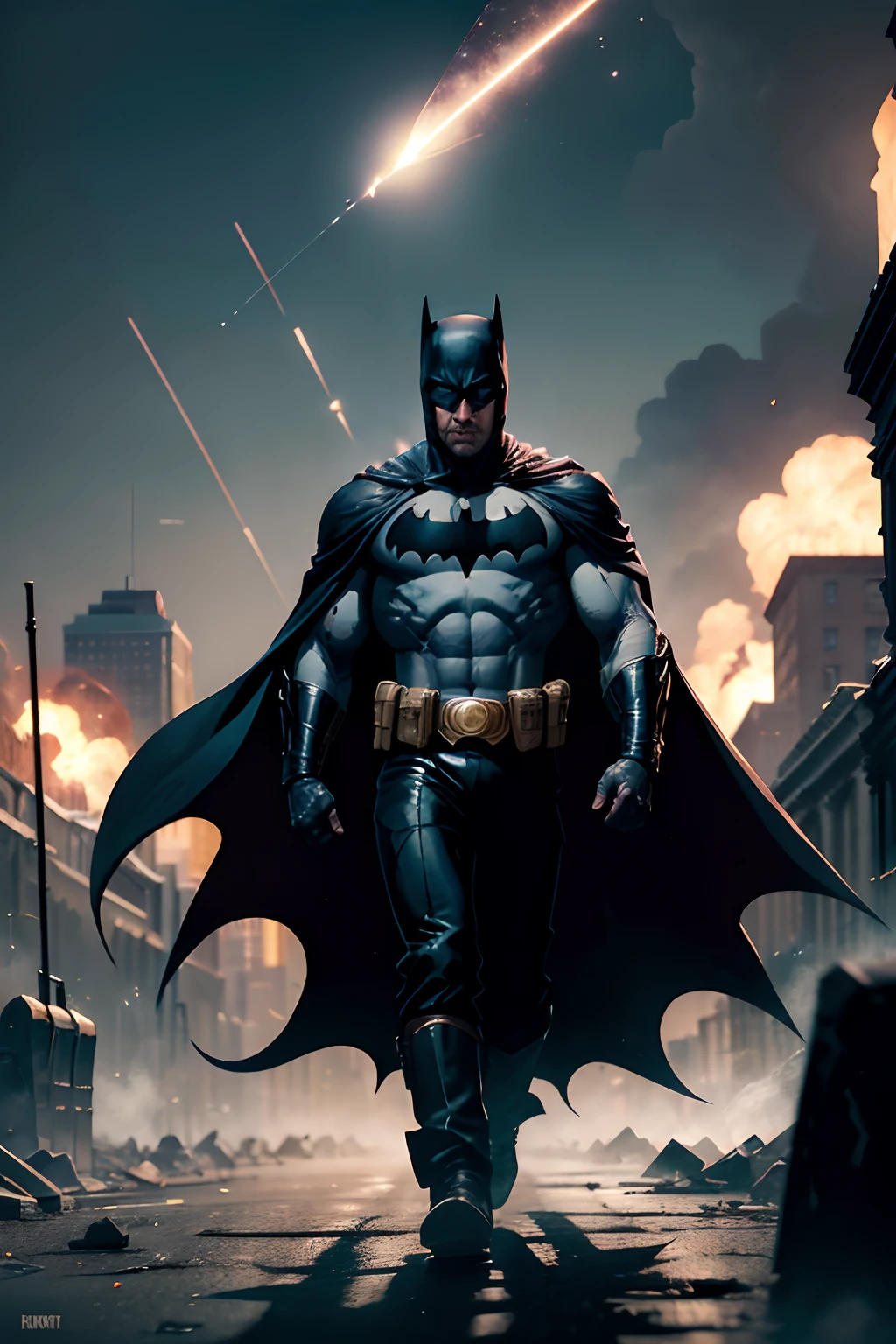 Create an image with a fisheye lens effect, Batman action figure with cape and gloves on a background full of buildings and fog, The Batman, Batman, Batman with guns, Mecha Batman, cyberpunk Batman, From the movie Batman, inspired by Jim Lee, painted action figure, Portrait of Batman, collectible action figure, Hyper detailed full body shot, High detail iconic character, Dark Knight, Full figure, Full detailed body, Batman Arkham Asylum, Burning buildings and crashed cars