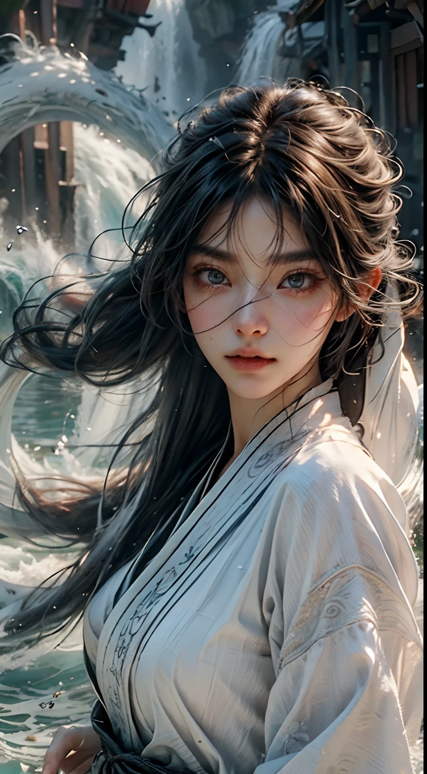 (RAW Photo, Best Quality), (Realistic: 1.3), Best Quality, Highly Detailed, Masterpiece, Hyperdetail, Illustration, 1 Girl, upper_body, Dynamic Angle, World Mastery Theater, messy_long_hair, Best Quality, Extremely Detailed CG Unified 8k Wallpaper, Ink, Breathtaking, Cinematic Light, lens_flare, Fantastic Big Eyes, (Yushui: 1.2), Water, Waves, White Clothes, White Veil, (White Serpent's Tail), Sony main shot