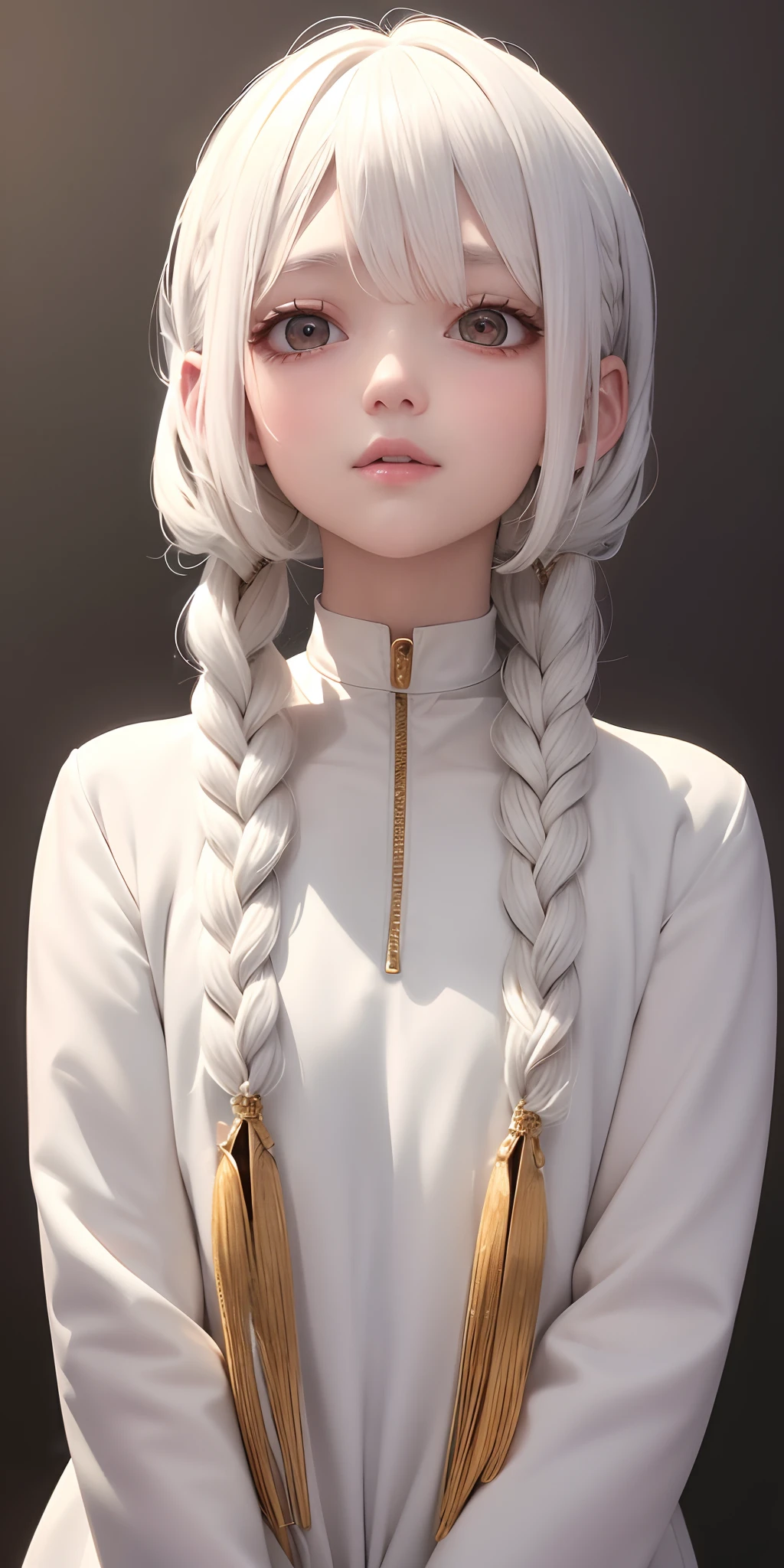 best quality, masterpiece,white hair, gold eyes,white clothes, looking up, upper body,hair strand,Fair skin,side braids