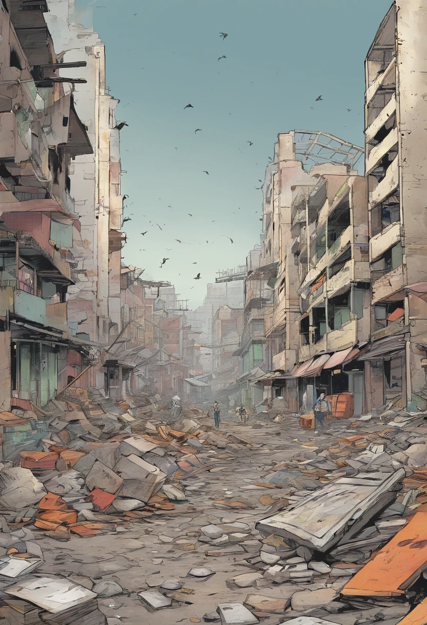 A war has taken place in the destroyed city, ruin homes and a birds eye view. News papers littered around the floor mixed with rubble in the town centre in the background a nuker boom gose off, you are looking at it all from a birds eye view not to far up the ground you see building still on fire anime still (no people)(gray sky)(old broken builds)