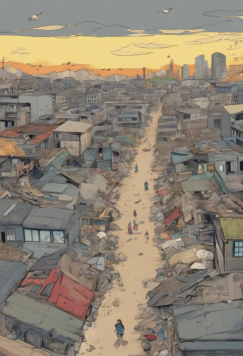 A war has taken place in the destroyed city, ruin homes and a birds eye view. News papers littered around the floor mixed with rubble in the town centre in the background a nuker boom gose off, you are looking at it all from a birds eye view not to far up the ground you see building still on fire anime still (no people)(gray sky)(old broken builds)