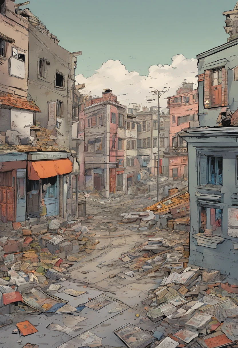 A war has taken place in the destroyed city, ruin homes and a birds eye view. News papers littered around the floor mixed with rubble in the town centre in the background a nuker boom gose off, you are looking at it all from a birds eye view not to far up the ground you see building still on fire anime still (no people)(gray sky)(old broken builds)
