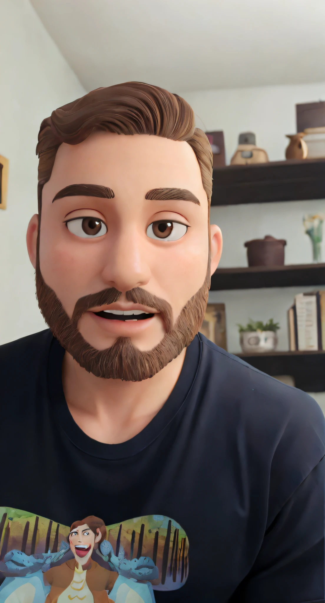 Jovem rapaz de 25 anos com barba, cabelos e olhos castanhos. Wearing an earthy beige blouse with light-colored pants and a t-shirt underneath the button-down shirt in an earthy color. The layered t-shirt is clear. Wearing light trousers in a tile tone, sentado em uma poltrona vermelha. Ao fundo, a graphite gray wall with moldings and decoration ornaments in the style of a Pixar cartoon.