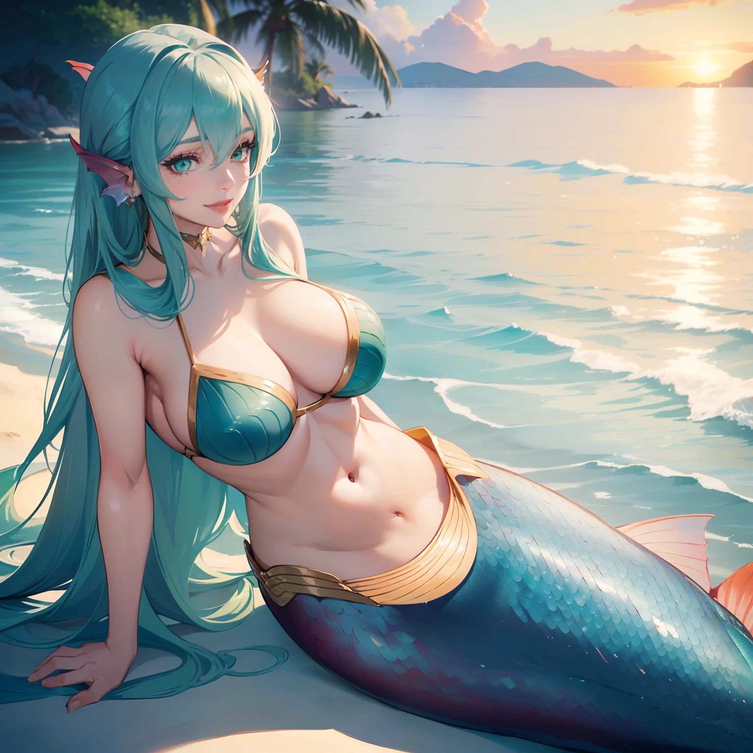 (((Solo))) Mermaid woman with very long blue hair, ((emerald green eyes)), ((wearing a white top made out of seashells), masterpiece, (((large chest))), (((curvy hips))), detailed eyes, cleavage, siren, ((beach background with sunset)), beautiful beach, (horizon), beautiful lighting, ((sunset)) (((full lips))), gorgeous eyes, (((mature woman))), milf, [janet], [alice], (beautiful mature face), sparkling eyes, age30, ((adult woman)), (((one mermaid tail))), (sitting in a body of water), smiling, sexy face
