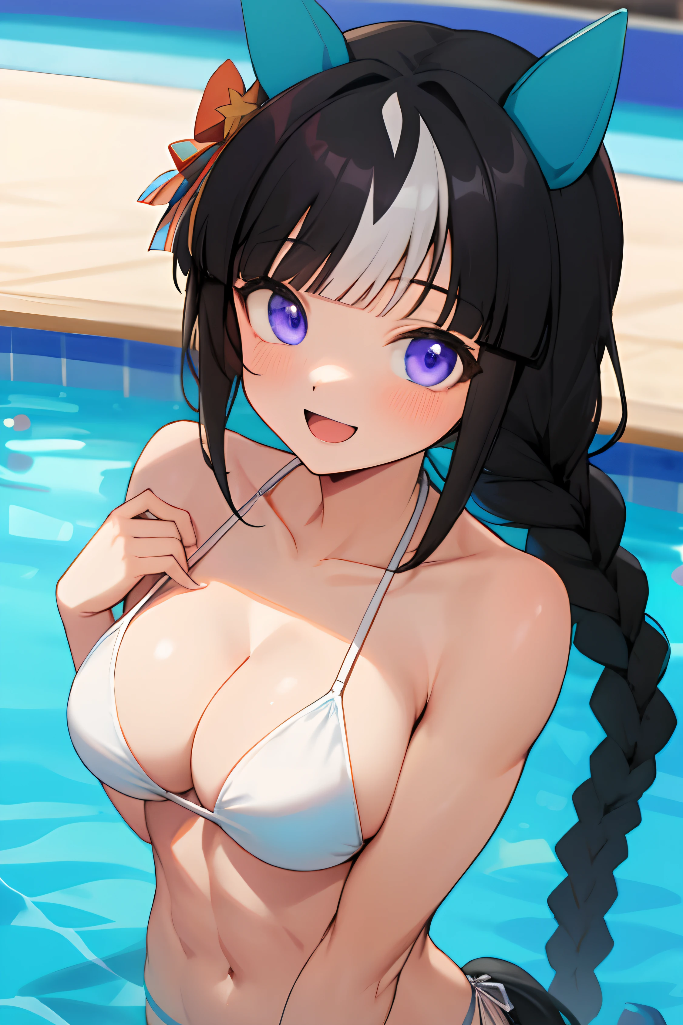 hokko tarumae \(umamusume\), masterpiece, best quality, ultra-detailed face, muscular, abs, upper body, white bikini, horse tail, pool, smile, large tits, open mouth