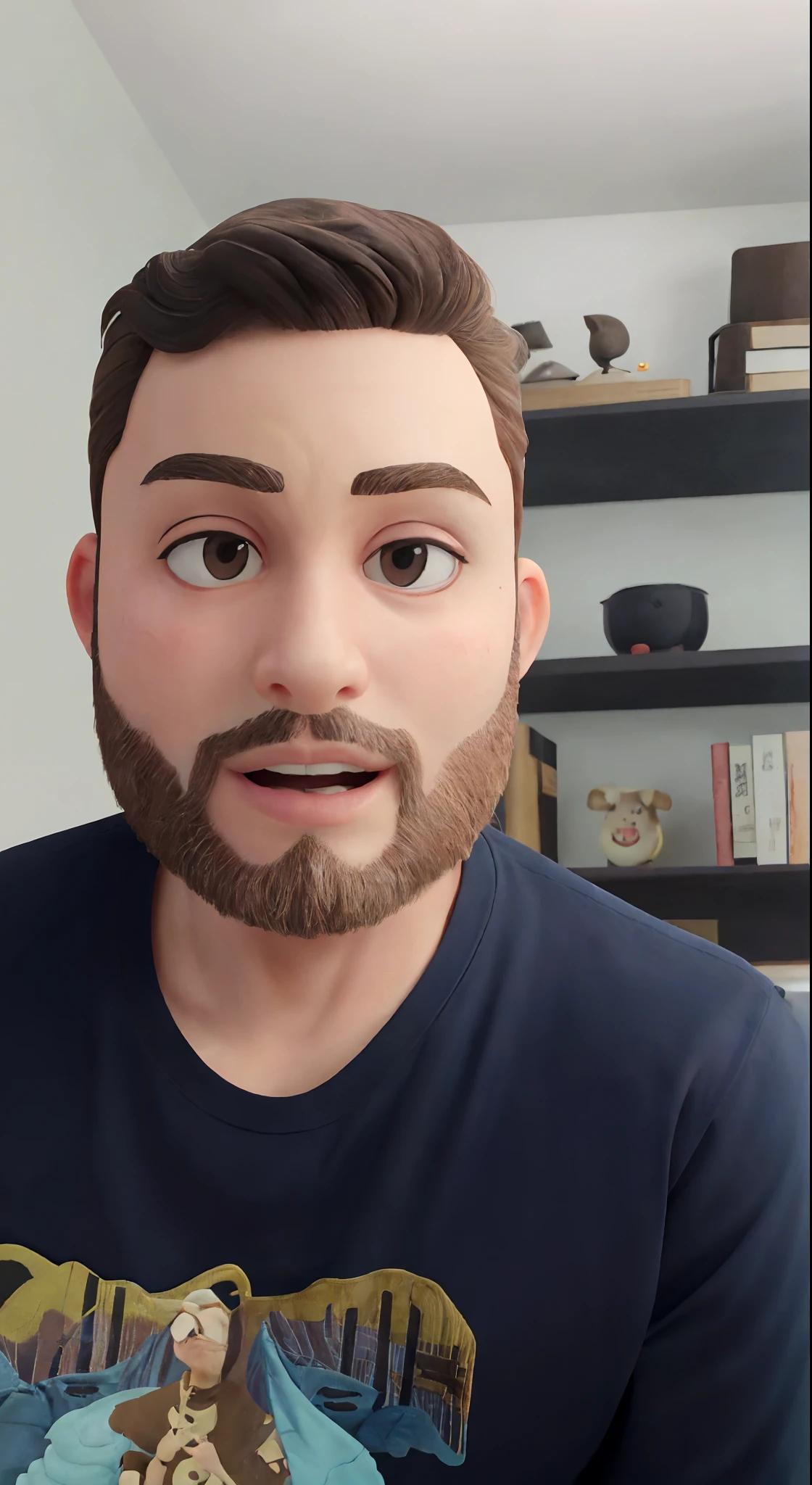 Jovem rapaz de 25 anos com barba, cabelos e olhos castanhos. Wearing an earthy beige blouse with light-colored pants and a t-shirt underneath the button-down shirt in an earthy color. The layered t-shirt is clear. Wearing light trousers in a tile tone, sentado em uma poltrona vermelha. Ao fundo, a graphite gray wall with moldings and decoration ornaments in the style of a Pixar cartoon.