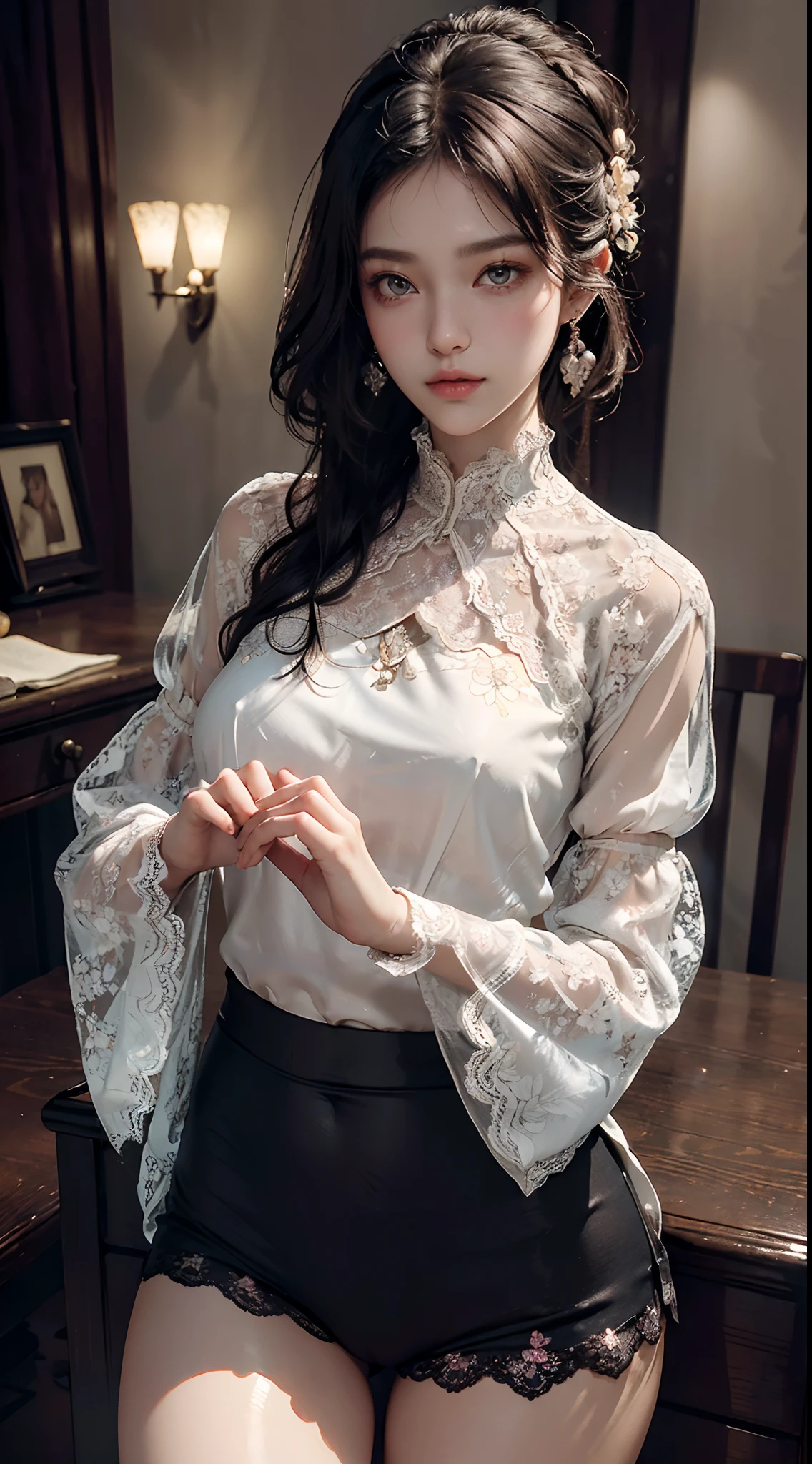 (wearing Shirt blouse women's tops elegant sheer floral lace chiffon blouse high neck long sleeve voluminous sleeves plus size:1.3), head and full body, Extremely cute human eighteen  girl, bare legs, very beautiful and feminine, short, petite, beautiful breast, small, busty buttocks, large bust, large breast, bare legs, bare legs, cleavage display, flat belly display, detailed eyes, detailed nose, super detailed on face, partial accessory with earring on the ear, very stylish, award-winning product design, tights, bare legs, Shiny breast top opens at the cleavage and abdomen, stylish, glowing trims, atmospheric perspective, 8k, super detail, Accurate, best quality,