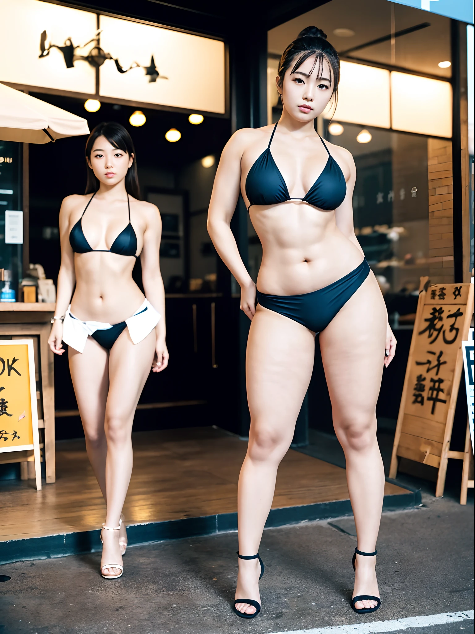 (Best Quality,8K,nffsw:1.2),(Full body shot),(女の子1人)、(tall:2.3 ,thick and long legs,:2.1),(cute Japanese girls)、(Crystal clear fair skin:1.4),Wide buttock:1.6,((Muscular thighs like a bodybuilder:1.8、thick thighs:1.86,The thinnest waist:1.4)),Niō Standing,Stand with your legs open,Black Bikini:1.4