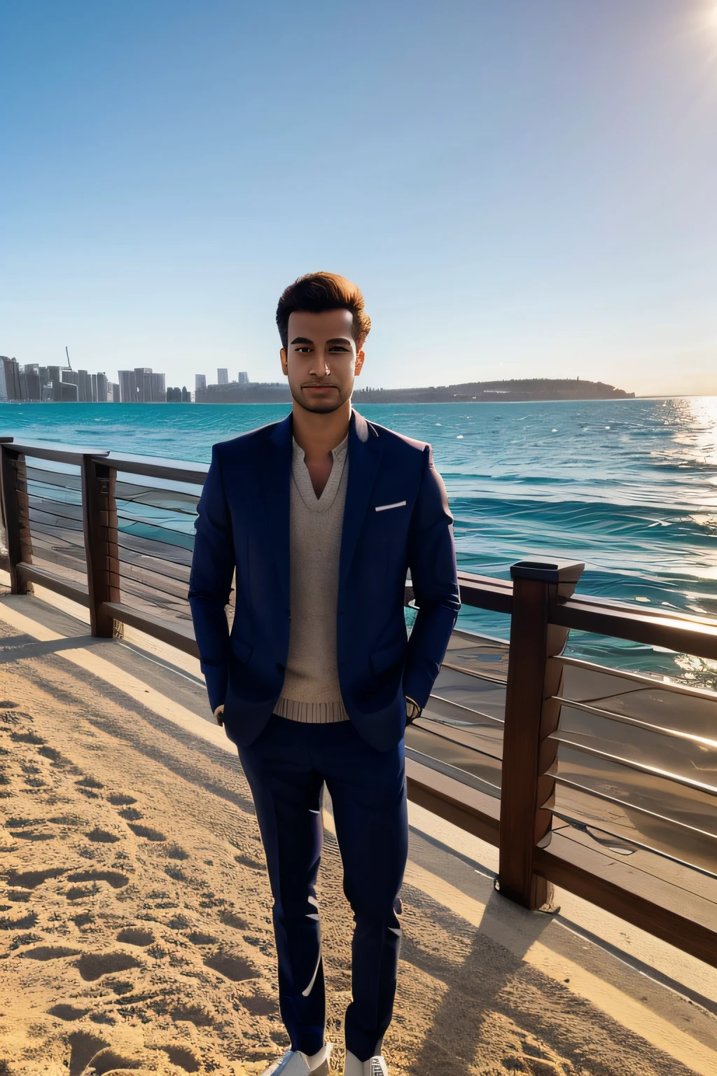 Arafed man standing on a pier with a picture of a beach, uma imagem inspirada em Alexander Fedosav, instagram, acontecimento, vacation photo, foto de perfil 1024px, caio santos, Andrei Riabovitchevy, Andrey Surnov, Riabovitchev, Azimov, Alexandre Rostov, andrew krivulya, cor branca