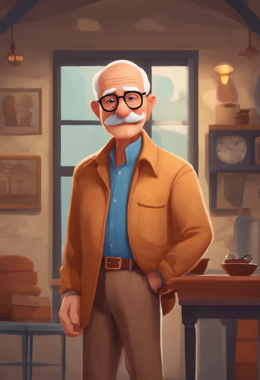 Cartoon character of an elderly man with prescription glasses and a blue shirt, animation character, with a moustache, a gray brandy and a bald head, wearing caramel pants and caramel boots