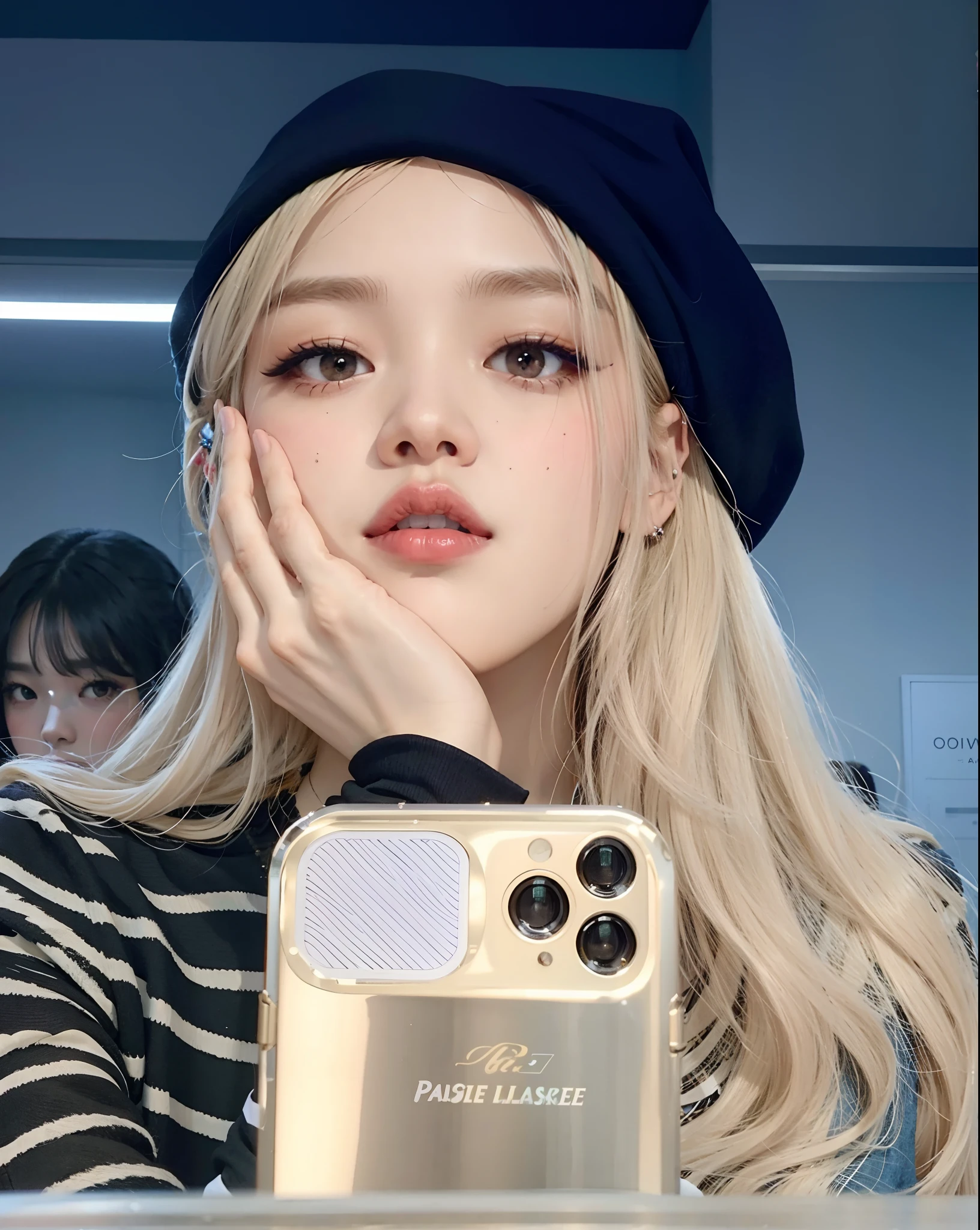 A close-up of a person holding a cell phone near a mirror, Parque Roseanne de Blackpink, Jossi de Blackpink, Retrato de Jossi de Blackpink, Lalisa Manoban de Blackpink, Lalisa Manobal, su cabello es blanco, Jisoo de Blackpink, Jisoo de Blackpink, Blackpink Jennie, Jimin\labios regordetes, ulzzang