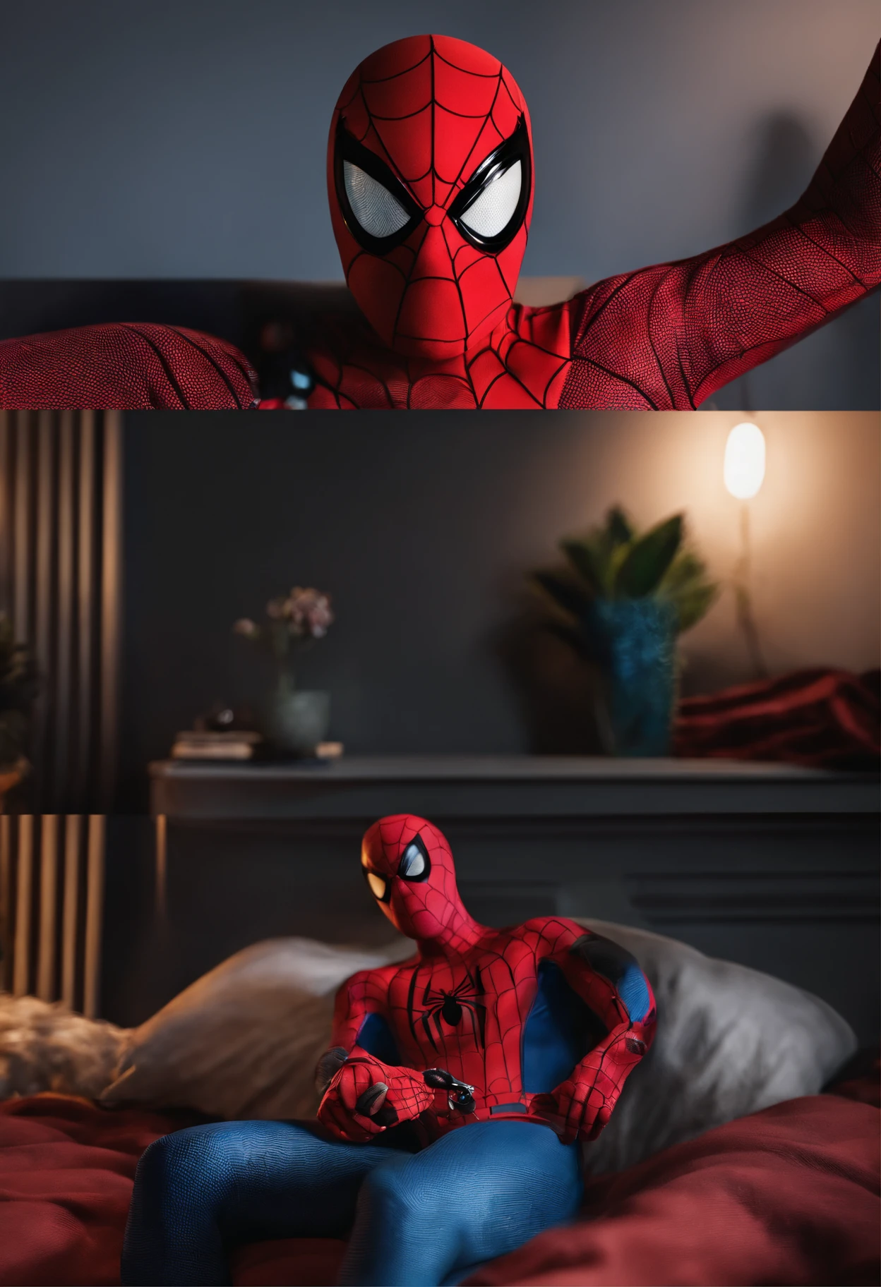 Homem moreno inspirado nas obras do Pixar, camisa preta com rosto do spider-man, Gamer's bedroom scenario with a PS5 stick , barba curta e cabelo com entradas pequenas na frente