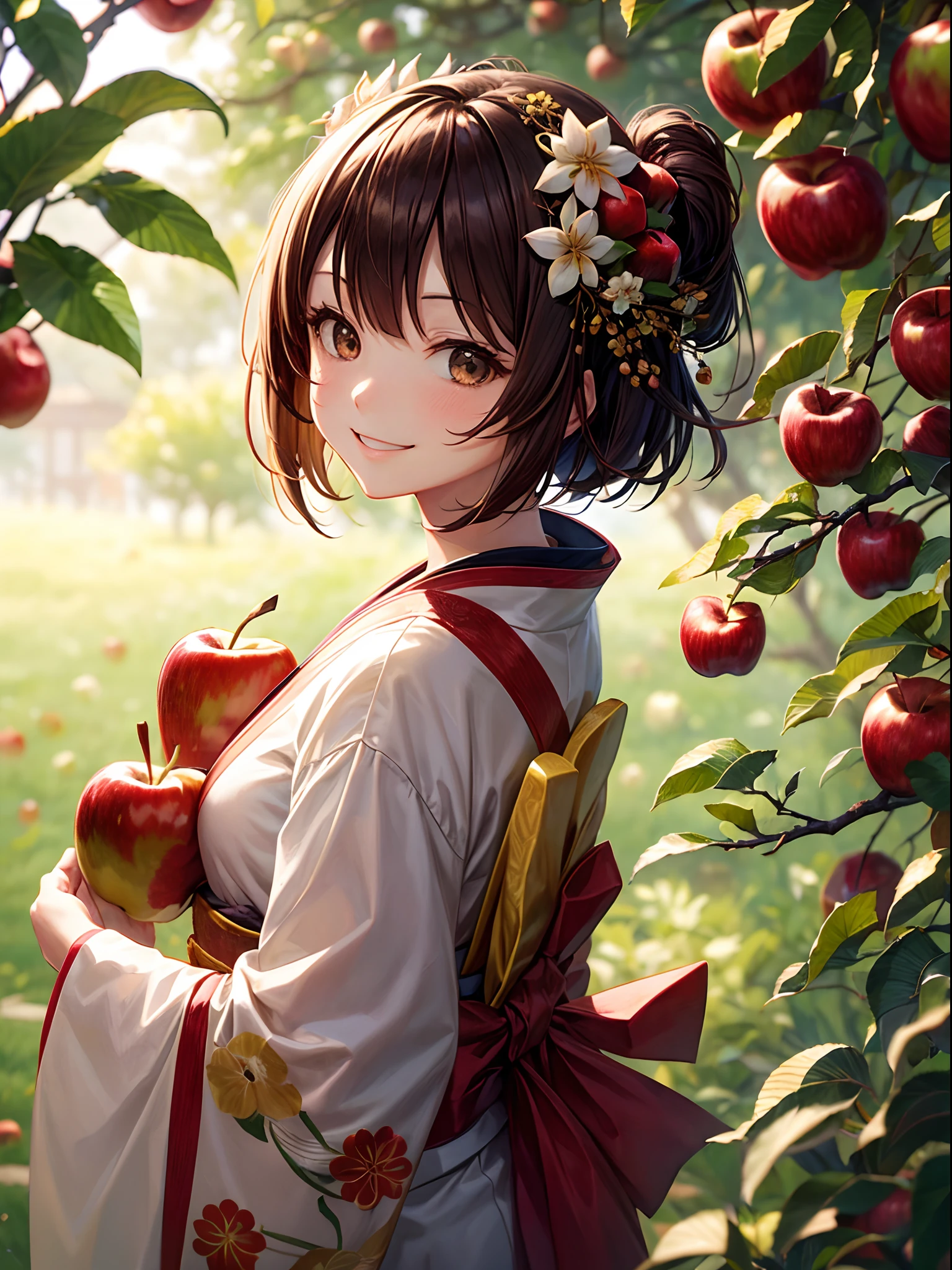 ((masutepiece,Best Quality)),1girl in, Bangs, eyes are brown, Blurry background, branch, Brown hair, Dappled sunlight, flower, From Side, Hair Flower, Hair Ornament, Komono, Black kimono, fronds, (apple:1.５), Obi, Outdoors, sash, Solo, Sunlight, Upper body、Looks Back(((A smile)))、Bob Hair、Holding an apple in your hand、kirikabunisuwaru