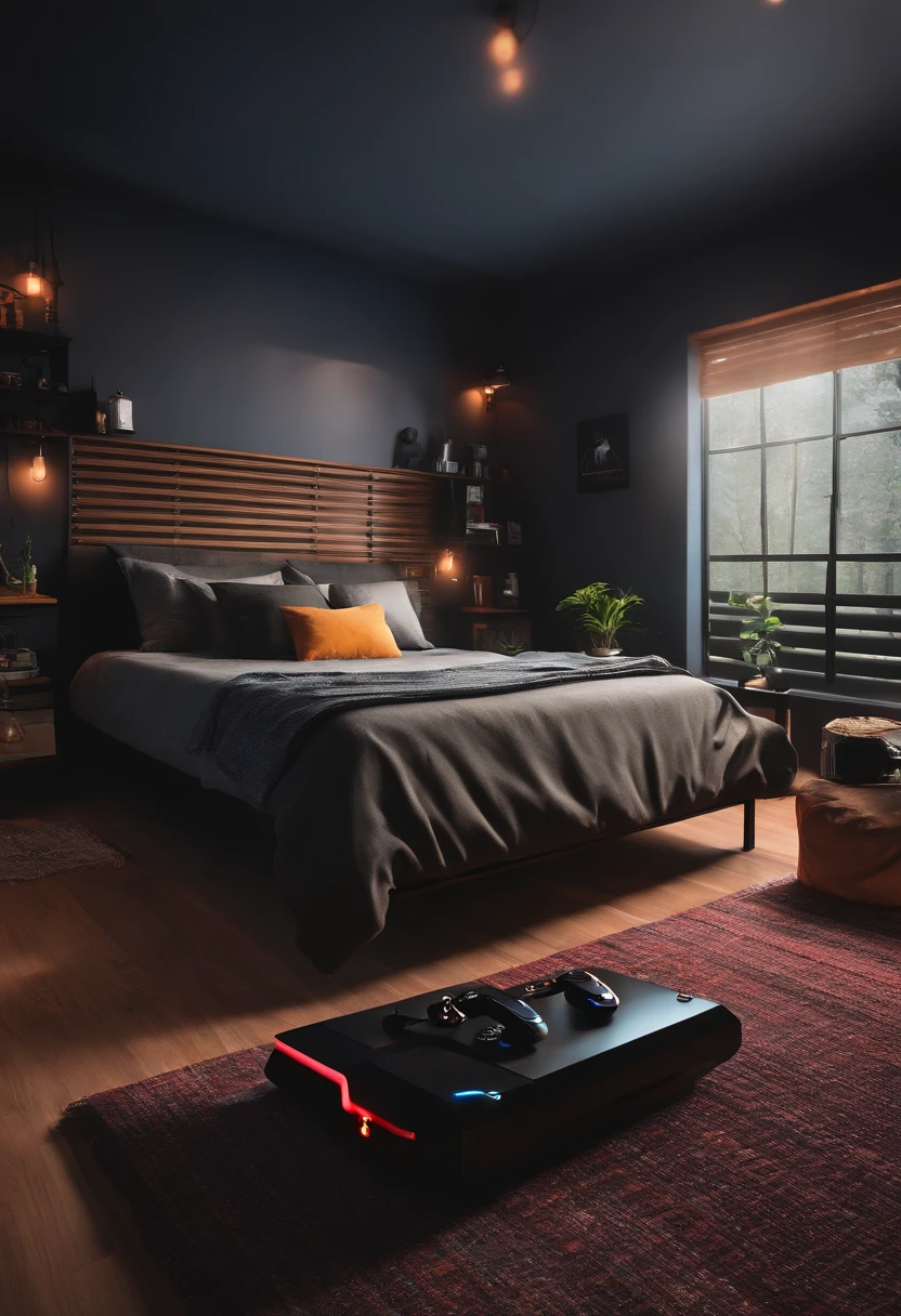 Homem moreno inspirado nas obras do Pixar, camisa preta, Gamer's bedroom scenario with a PS5 stick , barba curta e cabelo com entradas pequenas na frente