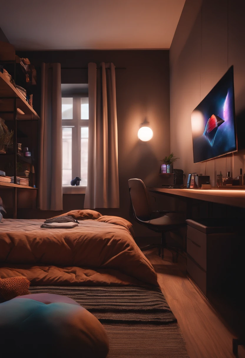 Homem moreno inspirado nas obras do Pixar, camisa preta, Gamer's bedroom scenario with a PS5 stick , barba curta e cabelo com entradas pequenas na frente