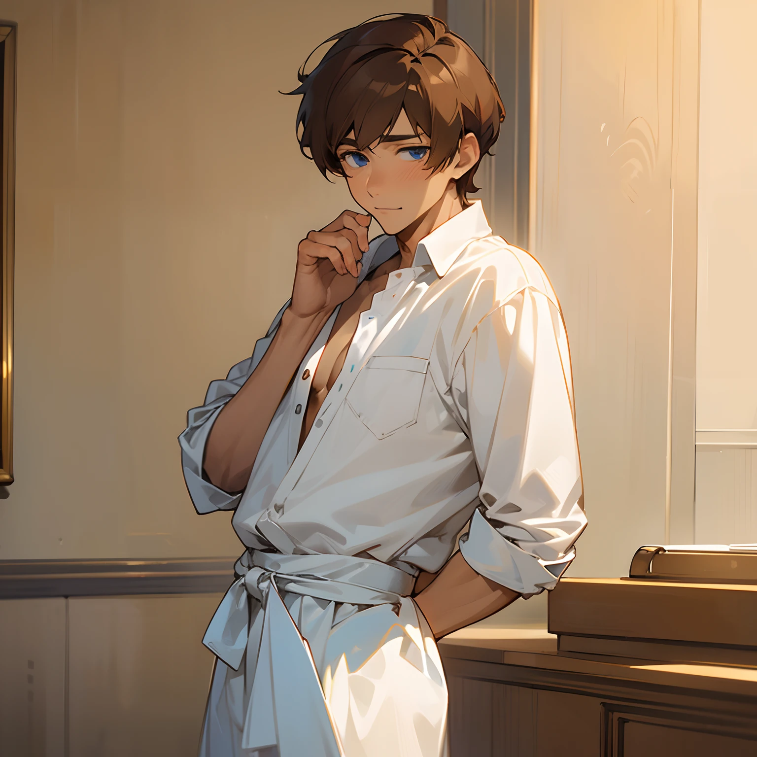 masterpiece, best quality, ((1anime man)), mature, light tan skin, ((brown hair)), blue eyes, handsome, kind, shy, in love, soft smile, background is a café, he is wearing a white dress shirt with a black undershirt and khakis, slender