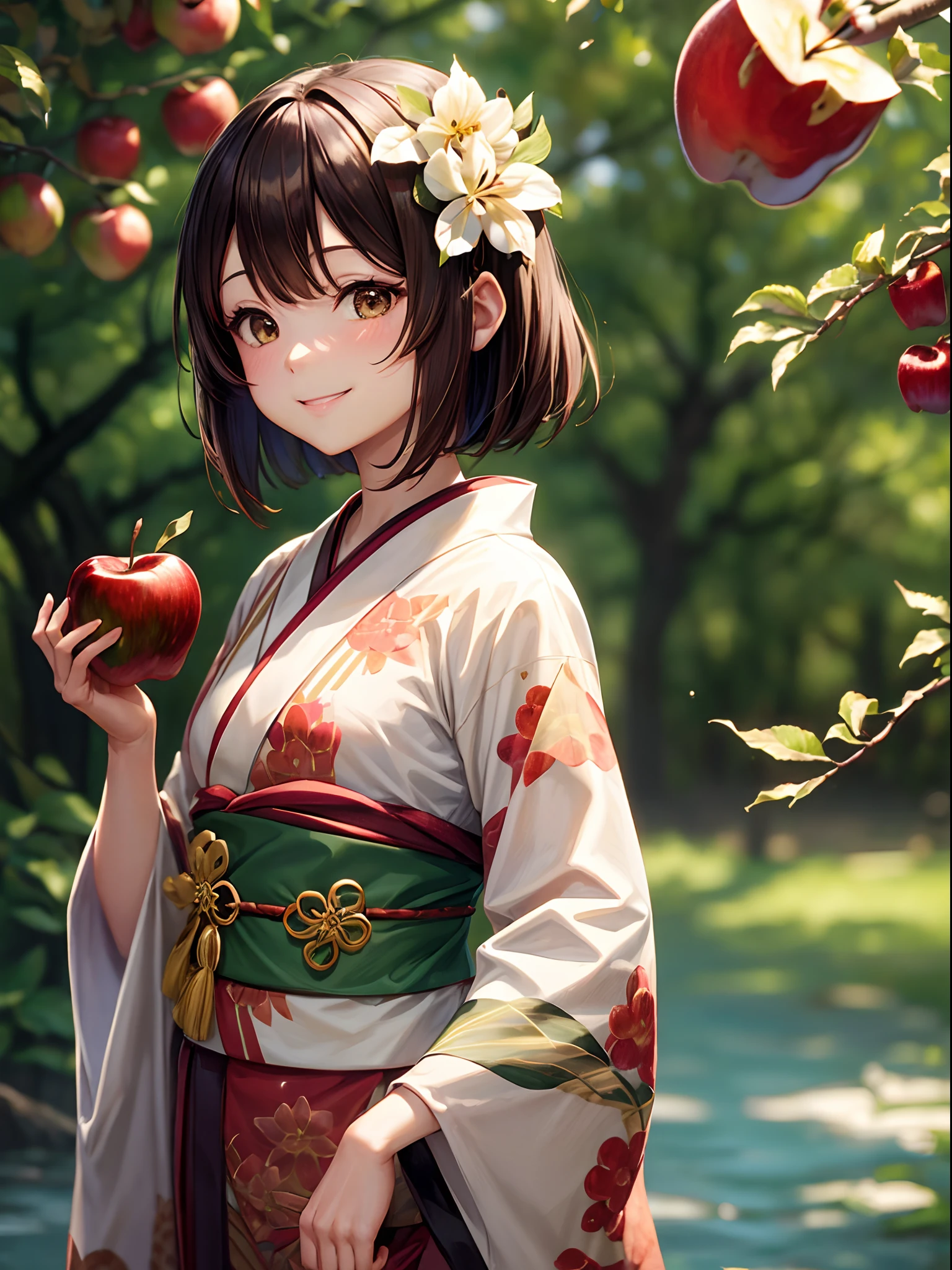 ((masutepiece,Best Quality)),1girl in, Bangs, eyes are brown, Blurry background, branch, Brown hair, Dappled sunlight, flower, From Side, Hair Flower, Hair Ornament, Komono, Black kimono, fronds, (apple:1.5), Obi, Outdoors, sash, Solo, Sunlight, Upper body、Looks Back(((A smile)))、Bob Hair、Holding an apple in your hand