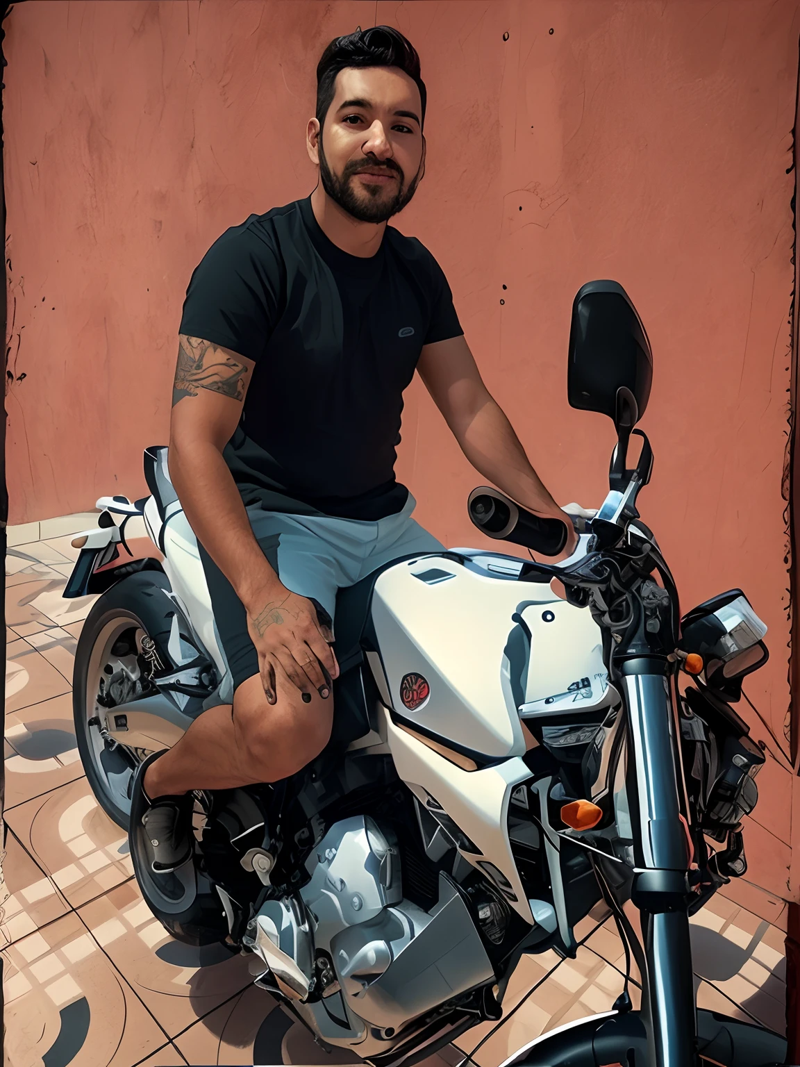 There's a man sitting on a motorcycle posing for a photo, sentado em uma motocicleta, sentado em moto cyberpunk, motociclista, edu souza, sem capacete, caio santos, Directed by: Nandor Soldier, imagem de perfil, pilotando uma motocicleta, motocicleta, editado no photoshop, Octano faz, dessaturados!!, imagem de um motociclista masculino, retrato!!!