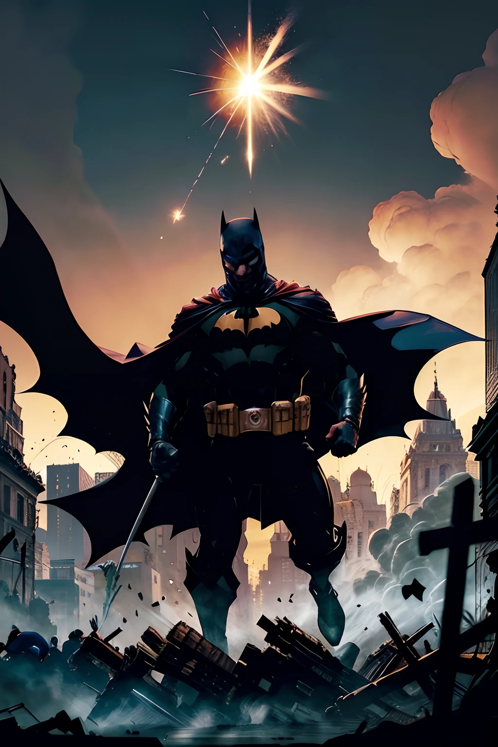 Nas ruas sombrias de Githam, Batman, ao lado de Jesus Cristo e do Papa Francisco, ferido e exausto xom sangue em seu corpo. Face off against a horde of bloodthirsty criminals. In the midst of all this, include many explosions, sangue nas ruas e paredes, a meteor falling from the open sky to the ground in Gotham.