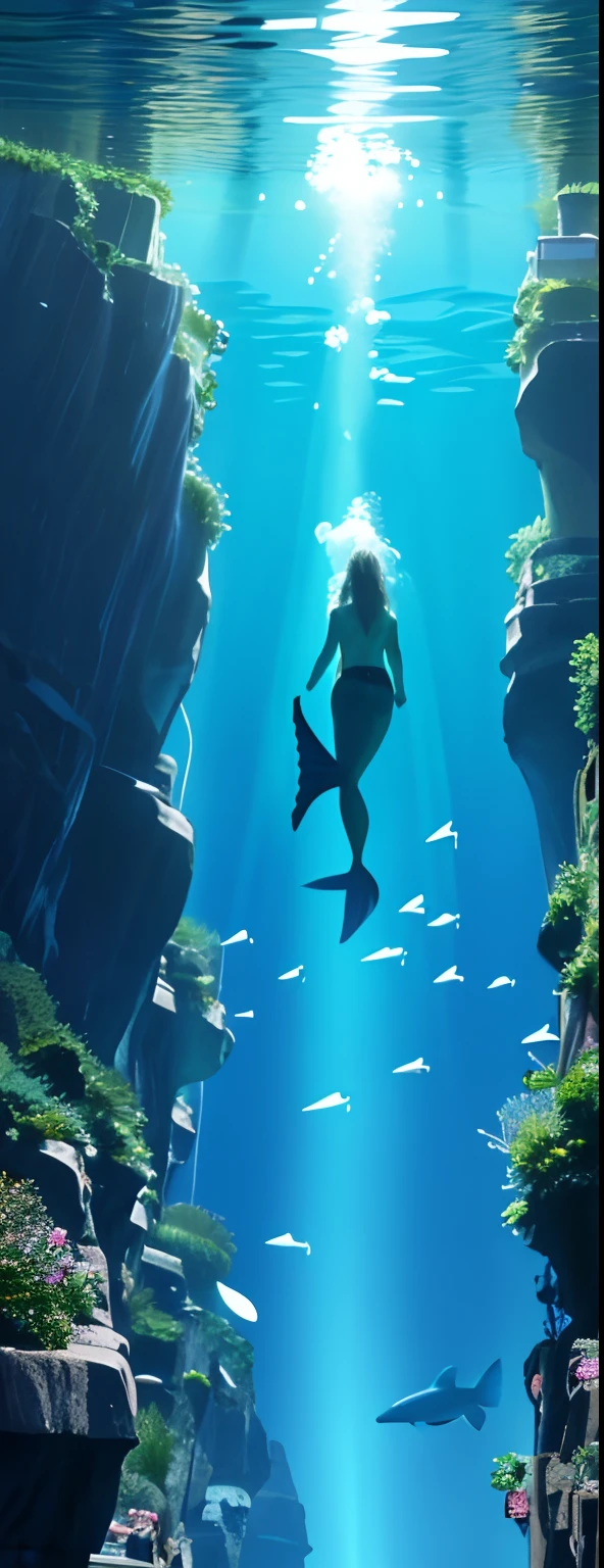 skin diving、Divers are under the sea, Divers are in the water, Underwater Swimming, Swim deep underwater, Swim to the surface, deduct, Swimming in the water, Brian Skelly, a woman floats in midair, Long flowing fins, a mermaid in the sea, underwater looking up, Seen from below