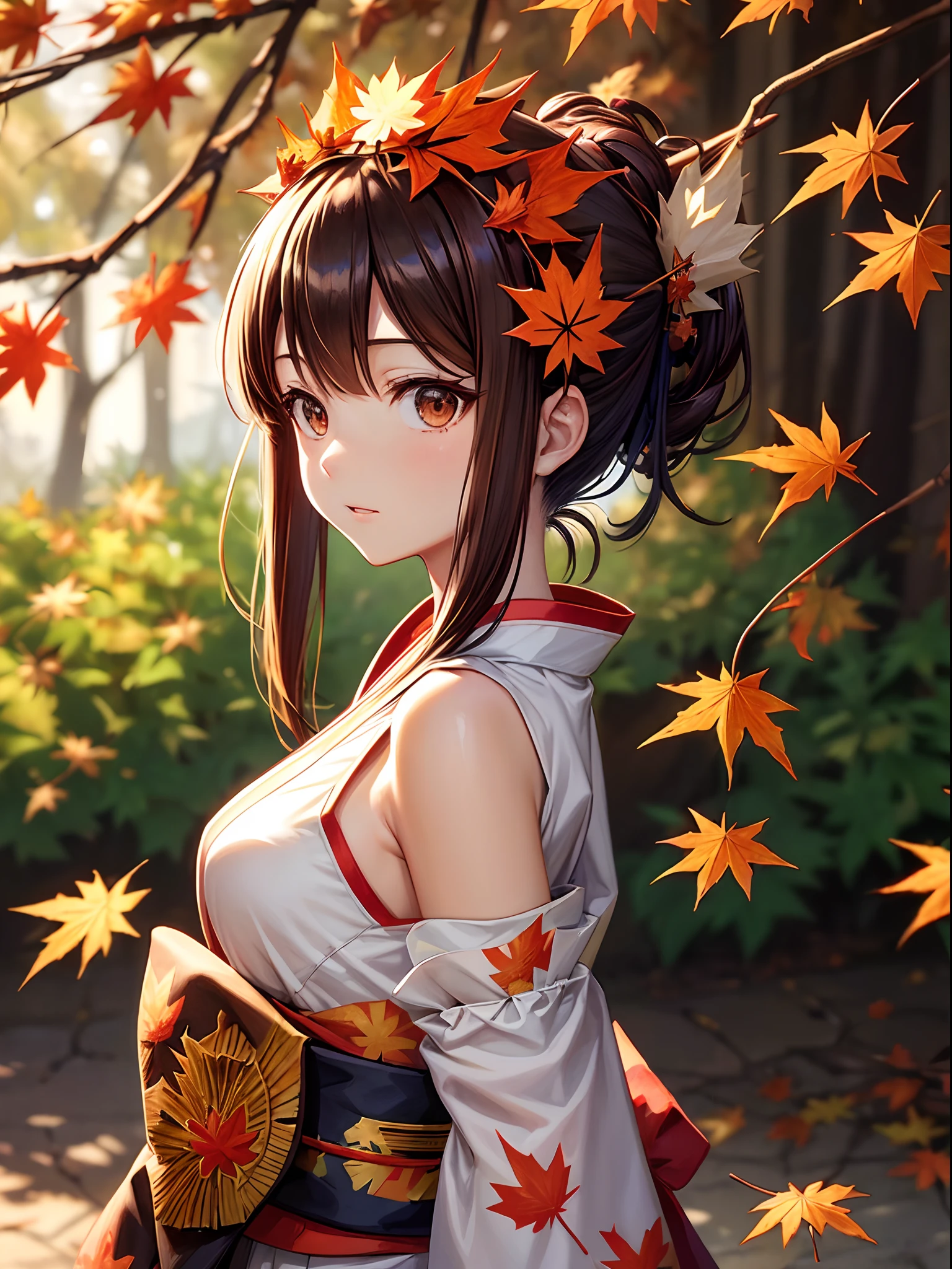 ((masutepiece,Best Quality)),1girl in, Bangs, Eyes are brown, Blurry background, branch, Brown hair, Dappled sunlight, flower, From Side, Hair Flower, Hair Ornament, Komono, Black Kimono, fronds, (Maple leaf:1.5), Obi, Outdoors, sash, Solo, Sunlight, Upper body、Looks Back