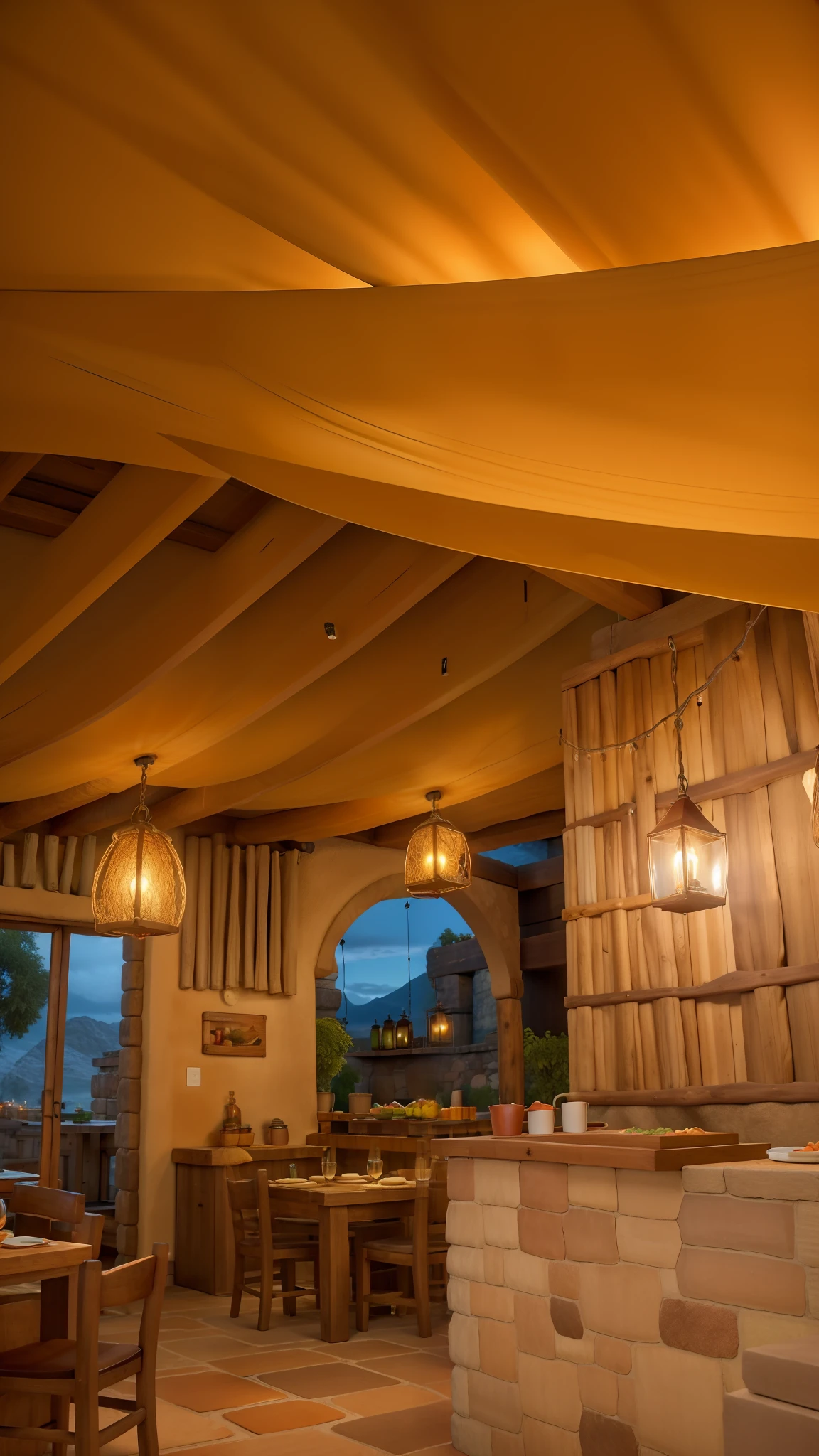 Obra-prima, de melhor qualidade, Rustic Restaurant, com arcos de tijolinho, amber lighting, vine lamps, mesas de madeira