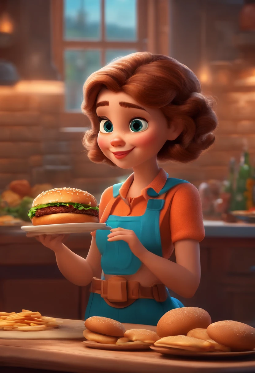 Make a Girl, She's hungry, como Disney Cartoon, She's eating hamburger, Pixar, ..3d, Disney