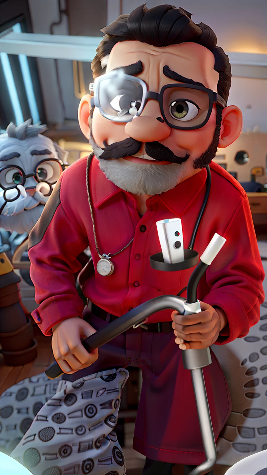 Um homem negro de 30 anos, With eye Glasses, bigode e barba no queixo, parado na frente, illuminated by the light of a lamp, contra o pano de fundo de uma igreja