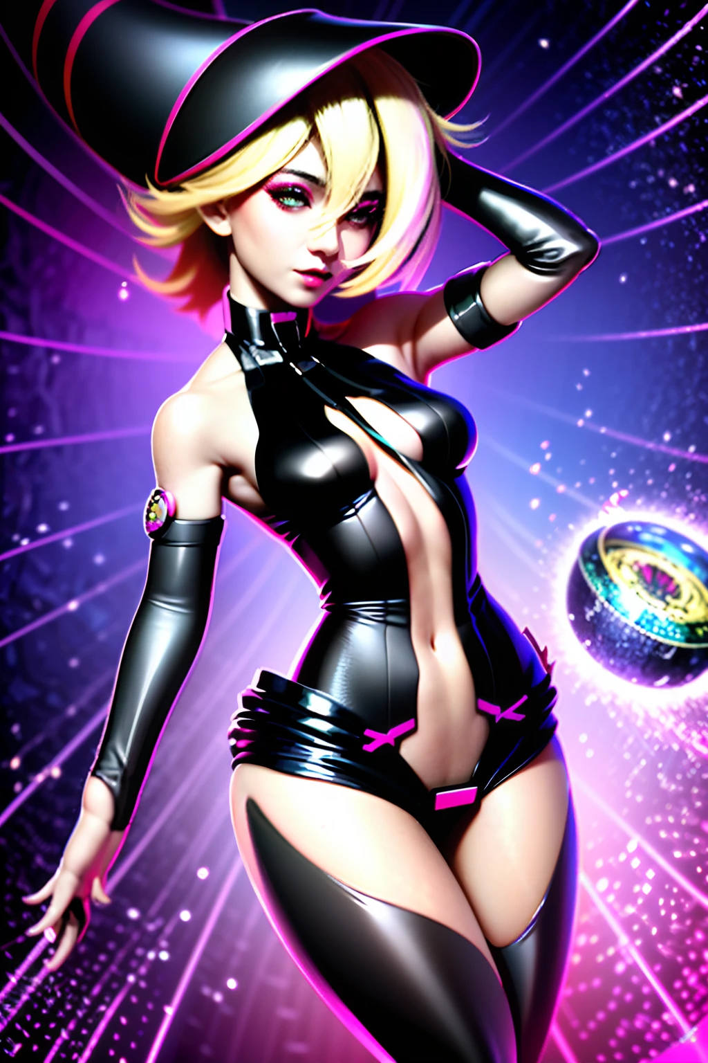 (absurdos, Altas Resoluciones, Ultra detallado, HDR), Obra maestra, La mejor calidad, dark magician gils, en mirada arrogante, solamente, lady sexy, guapa, Ojos rojos, ojo brillante, black robe, Pendiente y accesorio, pecho desnudo, cara arrogante, cuerpo completo, magic vortex, chispa, remolino, Aura negra, un cielo negro y nublado, abismo, Antecedentes abstractos, desde un lado, buscar, sonrisa malvada