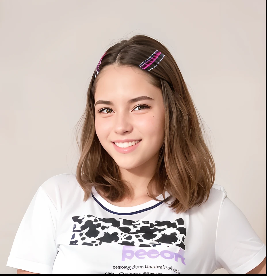 Menina com uma camisa branca e um grampo de cabelo roxo, jovem adolescente, menina jovem bonito, foto oficial do produto, Alexandra Waliszewska, menina jovem e bonito, lindo modelo jovem, Rapariga, Retrato de uma jovem adolescente, good young girl, faixa de cabelo, Ewa Juszkiewicz, foto do produto, Rena Nounen Estilo 3/4