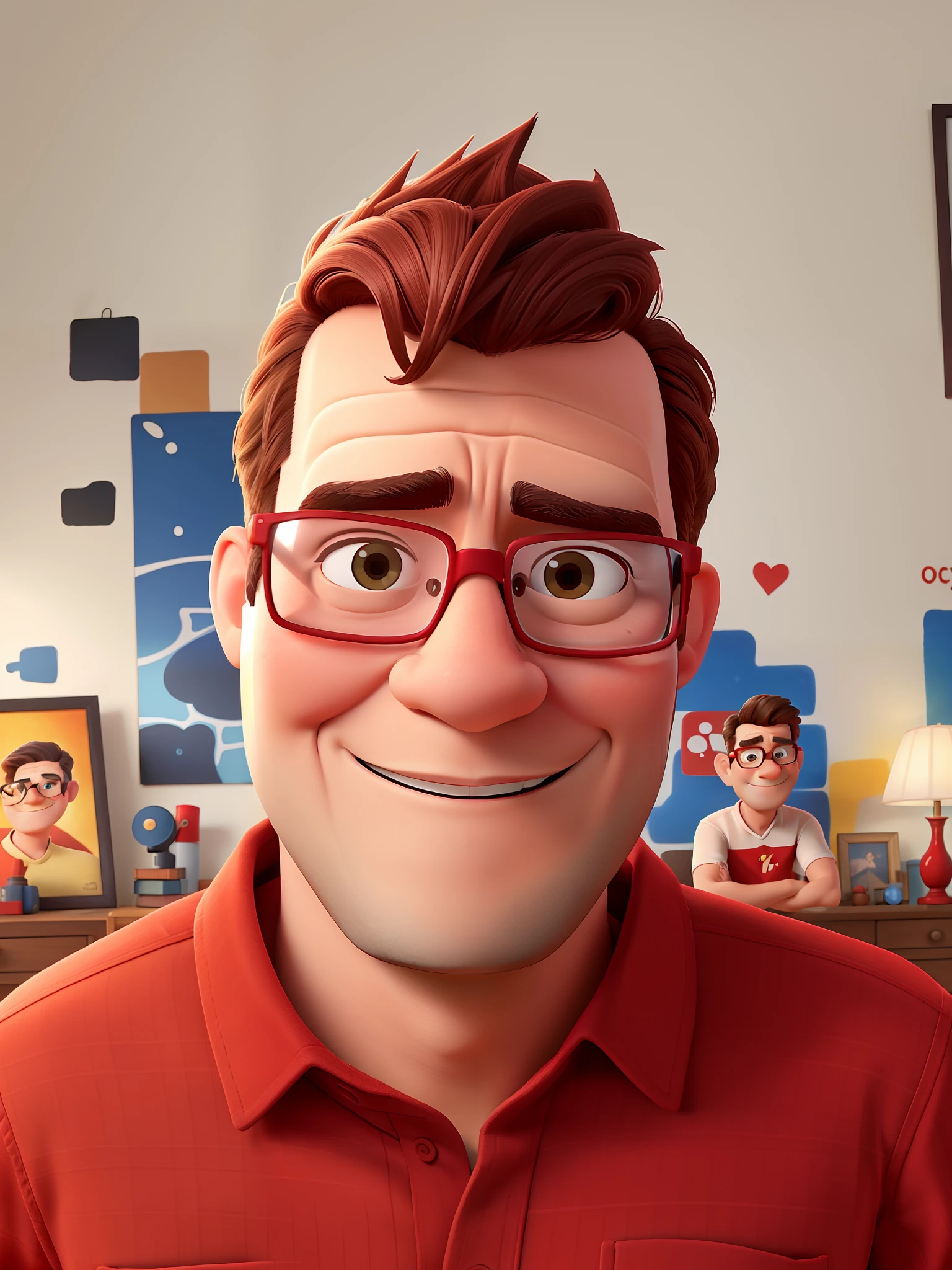 There's a man in glasses and a red shirt posing for a photo, 45 anos, Pixar fan, Graphic design with art frames on background wall.