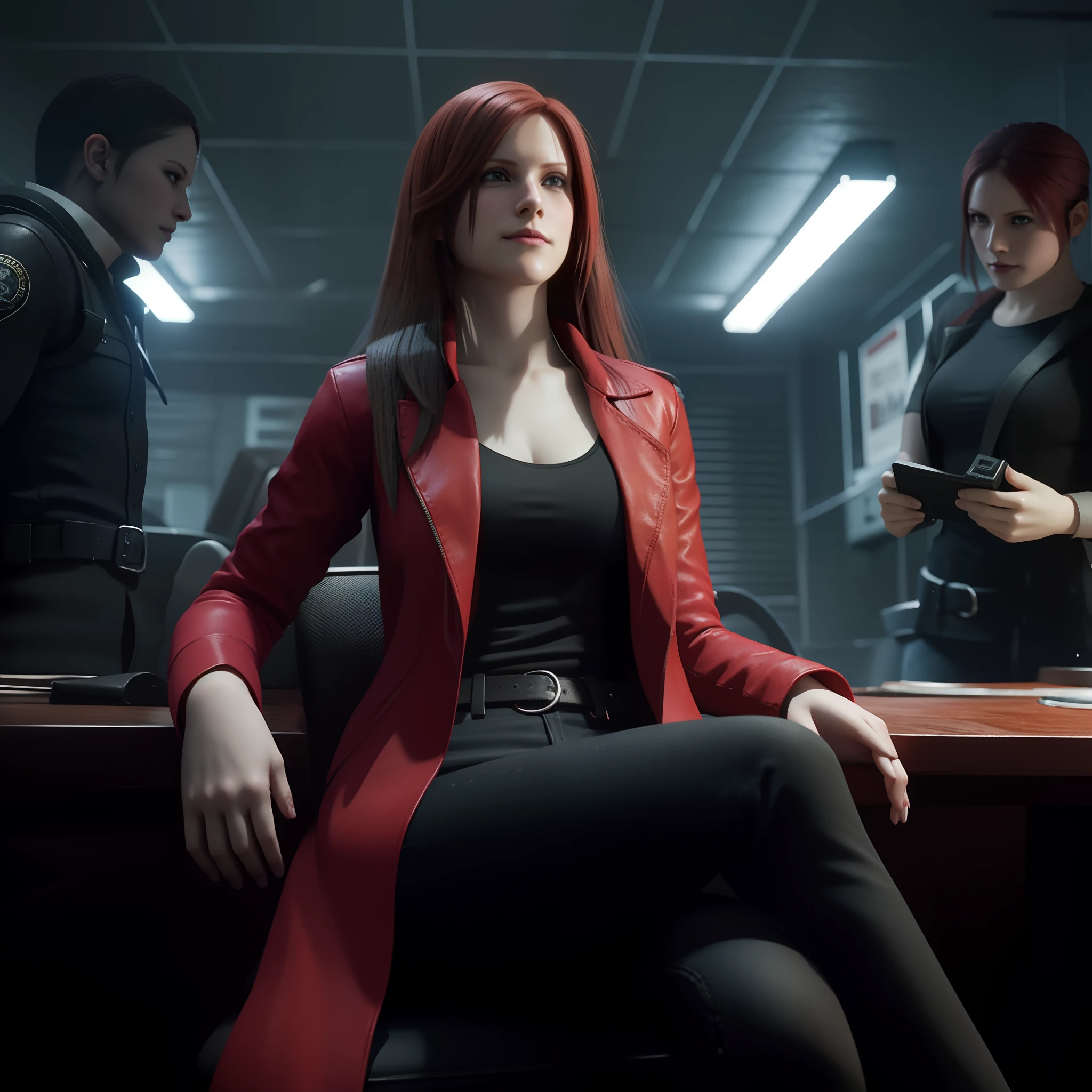 Claire Redfield, beautiful face, shy, looking at viewer, very long red hair, perfect Face, black jeans, red long coat with black t-shirt, friendly face, little smile, red nails polish