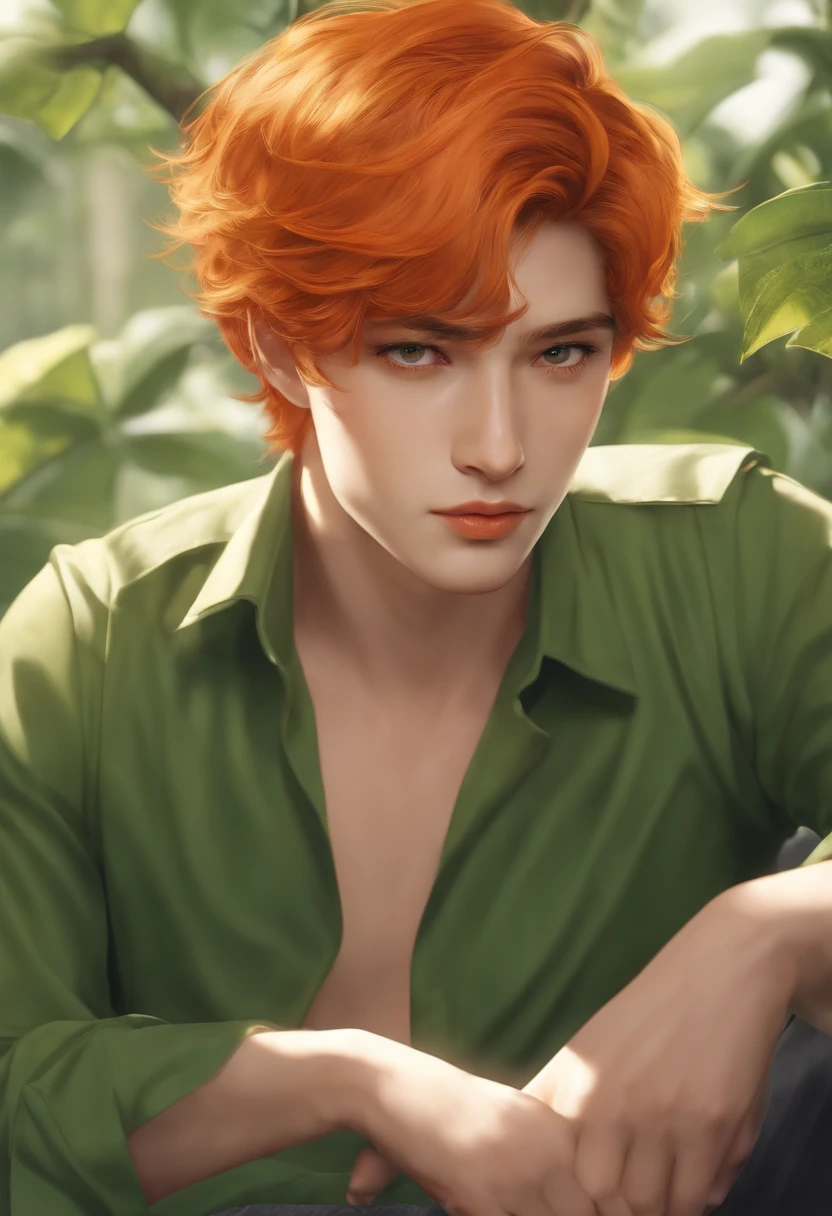 master part, best quality, 1st grade, Pedro Pan, sozinho, Closeup, short hair, orange hair, camisa de gola verde, mangas curtas, Tem Pena, Foco masculino, orelhas pontudas,