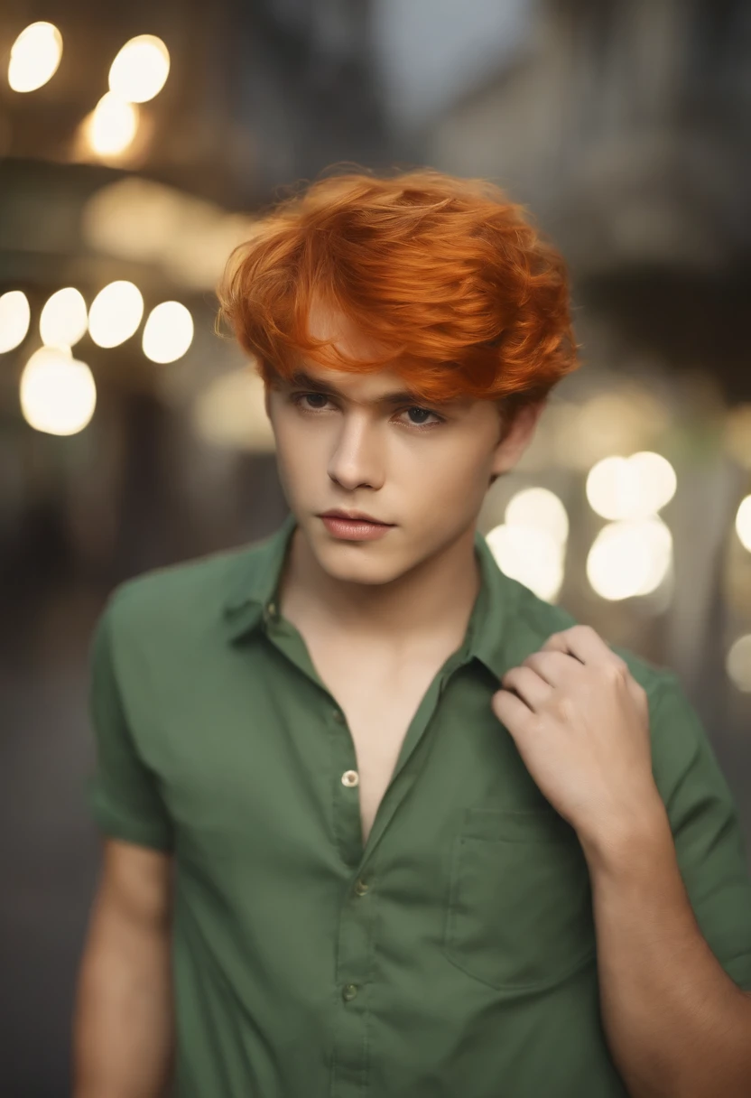 master part, best quality, , Pedro Pan, sozinho, Closeup, short hair, orange hair, camisa de gola verde, mangas curtas, Tem Pena, Foco masculino, orelhas pontudas,