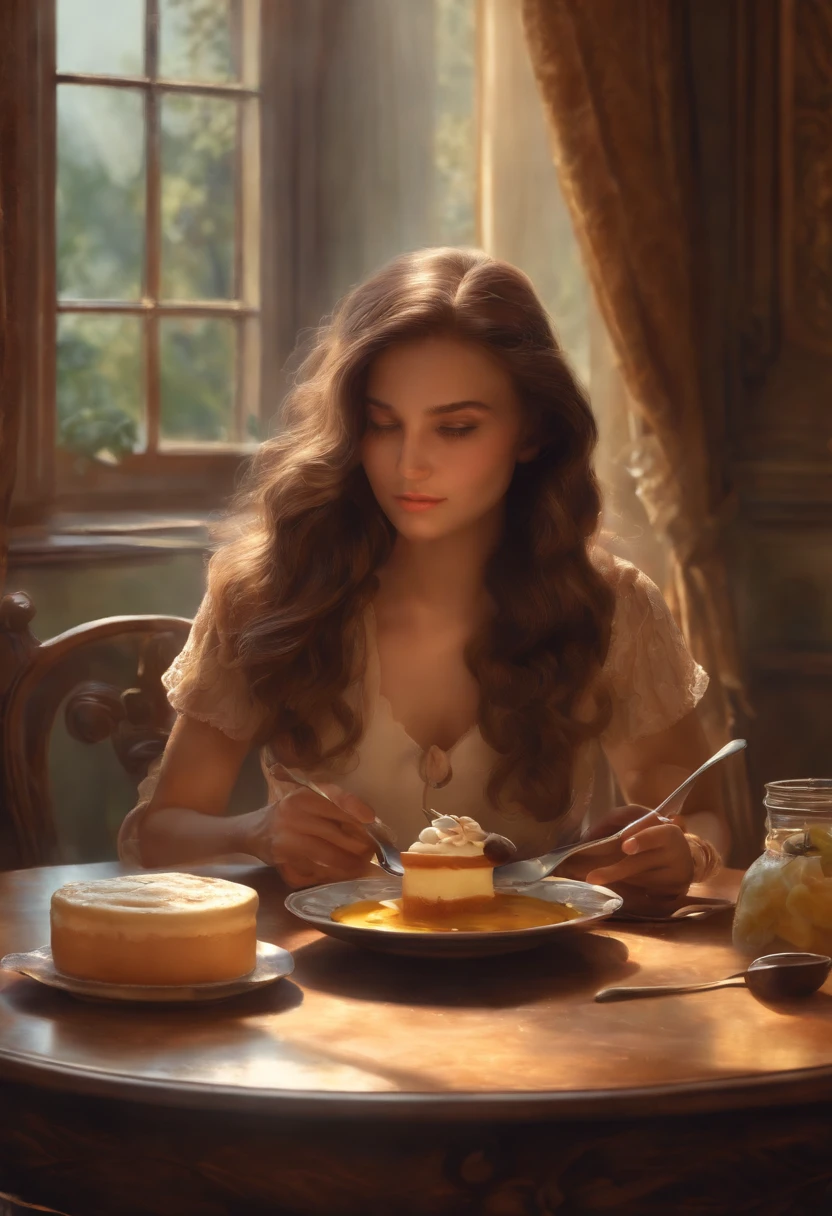 1girl, solo, sitting, table, spoon, pudding,, masterpiece, best quality,