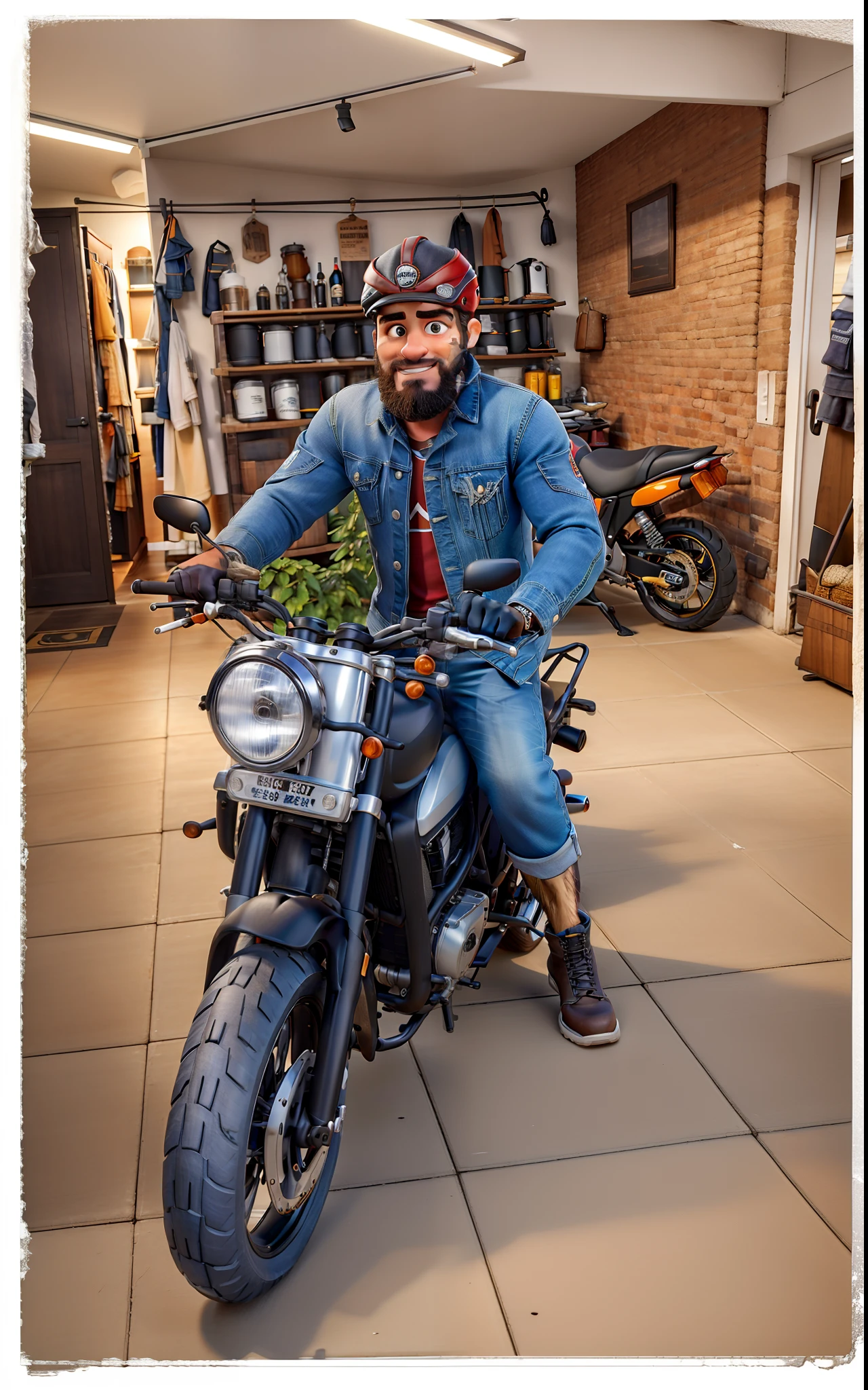 master part, best quality, um velho com barba branca e longos cabelos castanhos, vestindo uma jaqueta de couro e jeans preto, ao lado de sua motocicleta