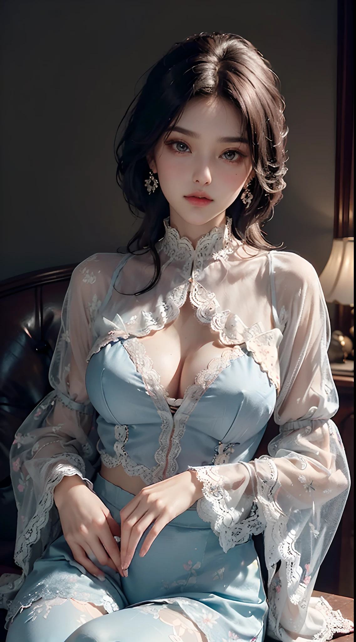 (wearing Shirt blouse women's tops elegant sheer floral lace chiffon blouse high neck long sleeve voluminous sleeves plus size:1.3), (bared legs:1.3), (showing a delicate slim figure and graceful curves, beautiful long thin legs:1.3), head and full body, Extremely cute human eighteen year old girl, very beautiful and feminine, short, petite, beautiful breast, small, busty buttocks, large bust, large breast, cleavage display, flat belly display, detailed eyes, detailed nose, super detailed on face, partial accessory with earring on the ear, very stylish, award-winning product design, tights, Shiny breast top opens at the cleavage and abdomen, stylish, glowing trims, atmospheric perspective, 8k, super detail, Accurate, best quality,