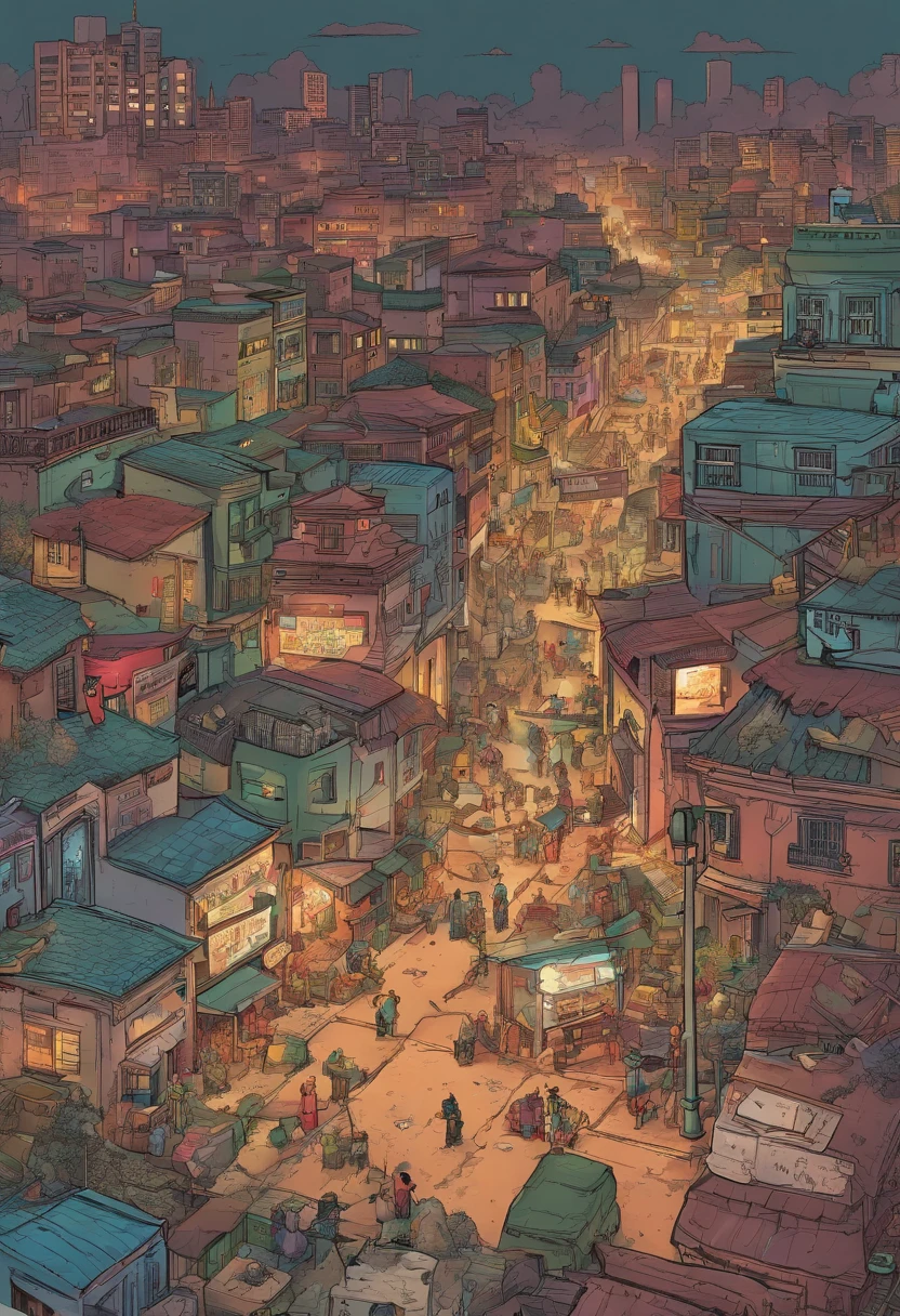 The city is divided into two distinct levels: a opulenta Cidade Alta, com ruas amplas, arquitetura imponente e elites; and the chaotic City of Rats, where gangs fight for survival. The transition between them is abrupt, marked by paved roads that give way to dark alleyways and crumbling buildings. The Rat City is an underworld where gangs and mafias dictate the rules, enquanto a Cidade Alta reflete prosperidade e estabilidade. The city seen from above reveals the duality between opulence and despair, Power and misery, highlighting the struggle for survival and control.