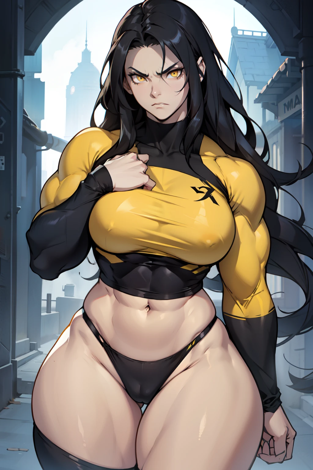 pale skin very long hair 1 girl black hair yellow eyes angry ((1 girl muscular toned body)) bodybuilder curvy wide hips thick thighs tight shirt huge tits